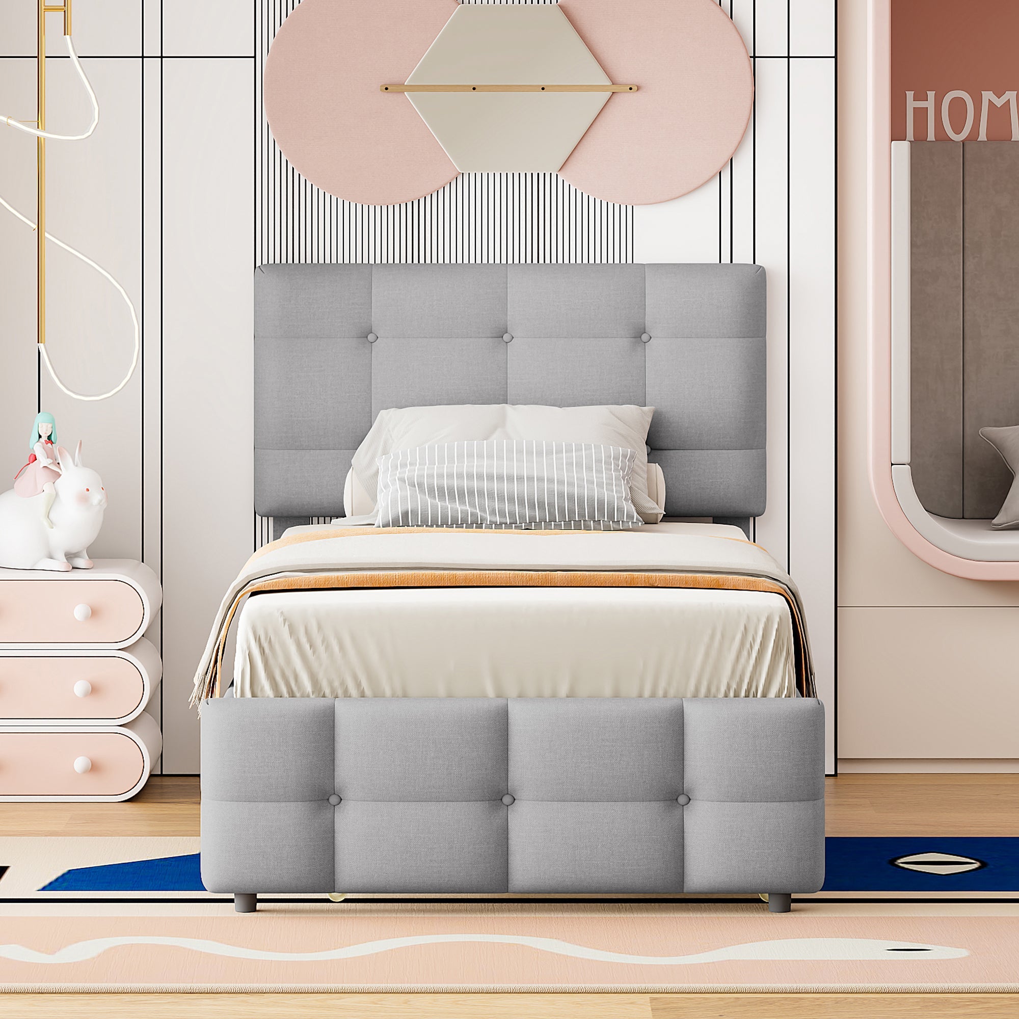 Upholstered Bed, Pull-Out Adjustable Headboard Single, Linen Grey