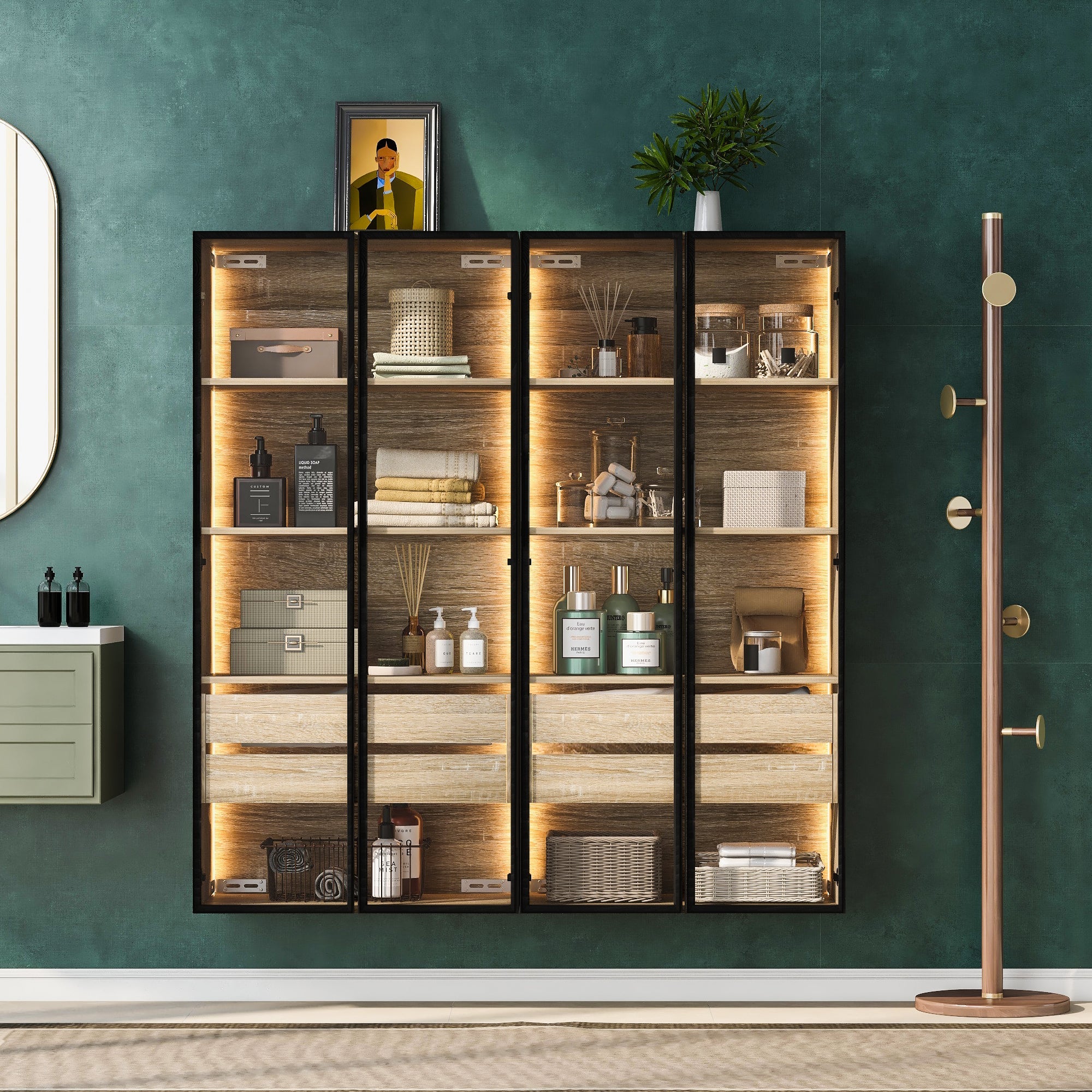 Bathroom Cabinets, Set of 2 Medium with Light Strip, 73cm Wide, 2 Drawers, 2 Doors, Glass
