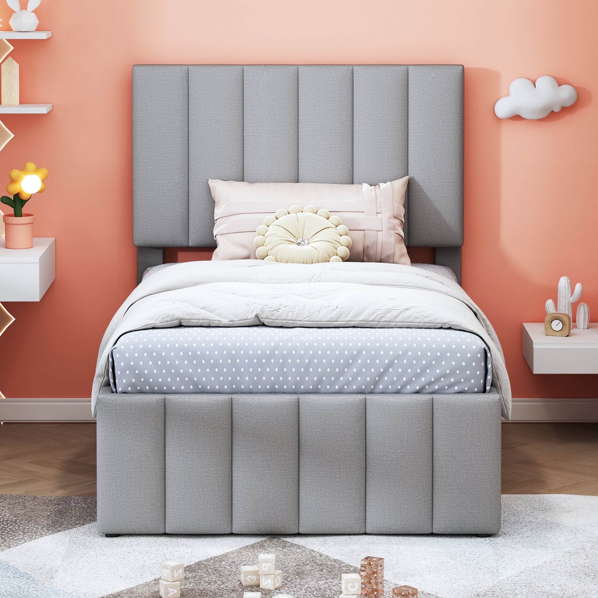 Upholstered Bed, 90x200cm Trundle with Storage Drawers, Linen Grey