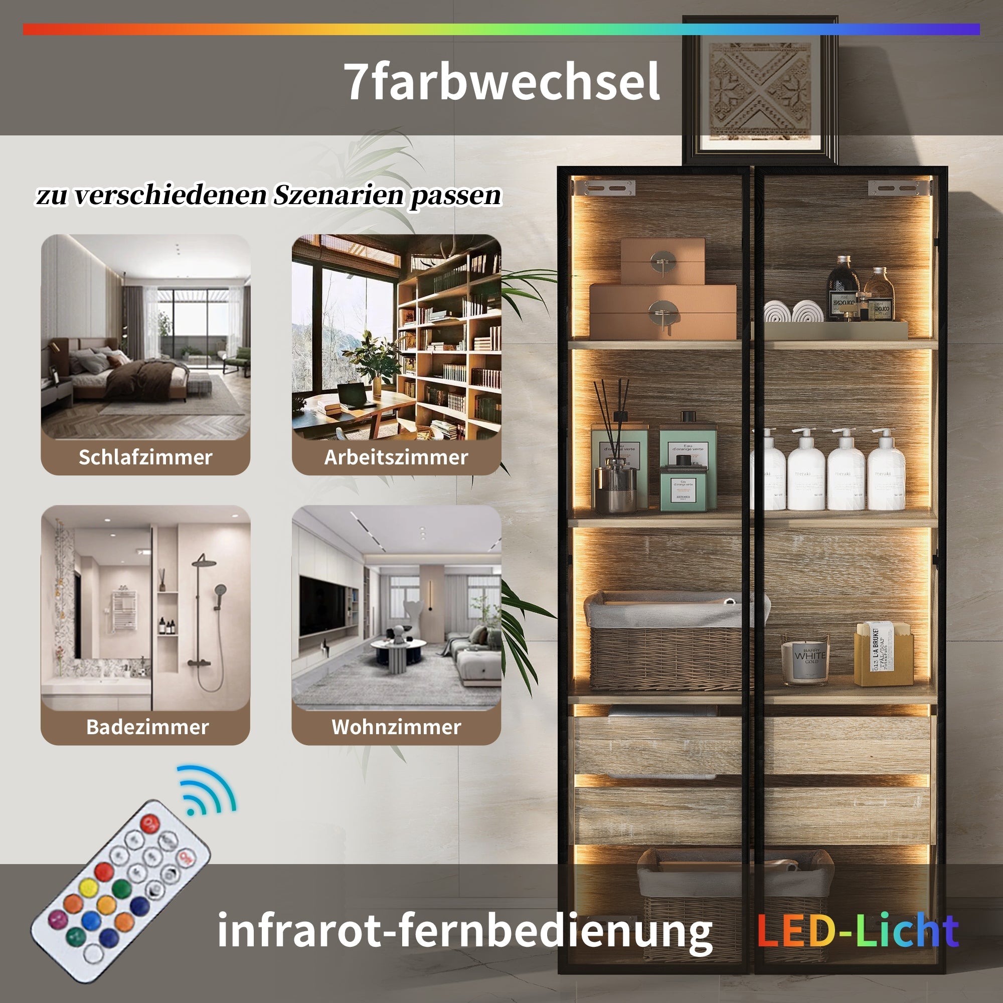 Bathroom Cabinets, Set of 2 Medium with Light Strip, 73cm Wide, 2 Drawers, 2 Doors, Glass