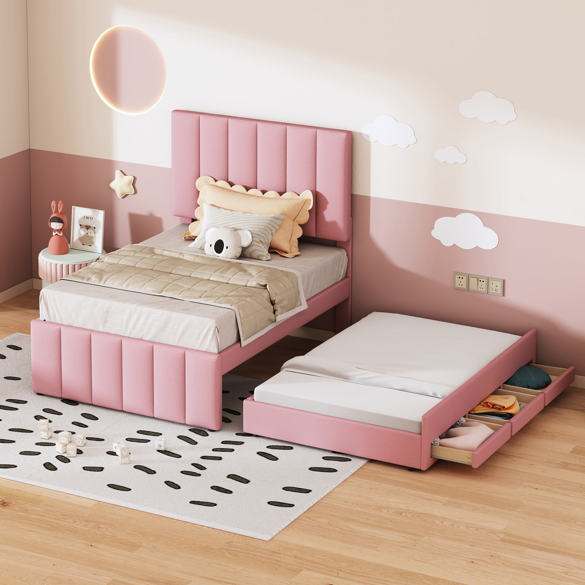 Upholstered Bed 90x200cm, Trundle & Storage, Linen (Pink)