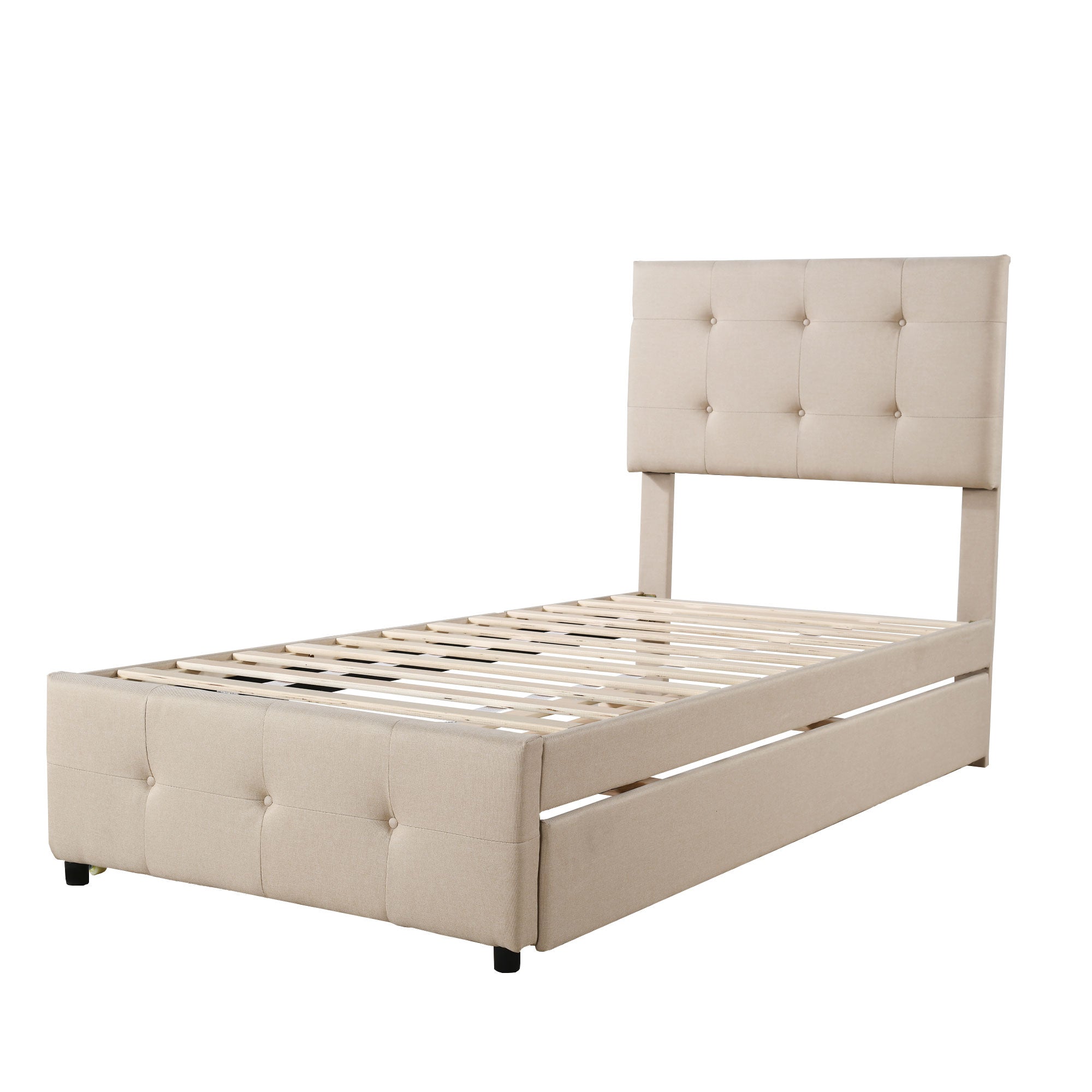 Upholstered Children's Bed with Pull-out Trundle and Height-Adjustable Headboard, Beige/Grey Linen Fabric