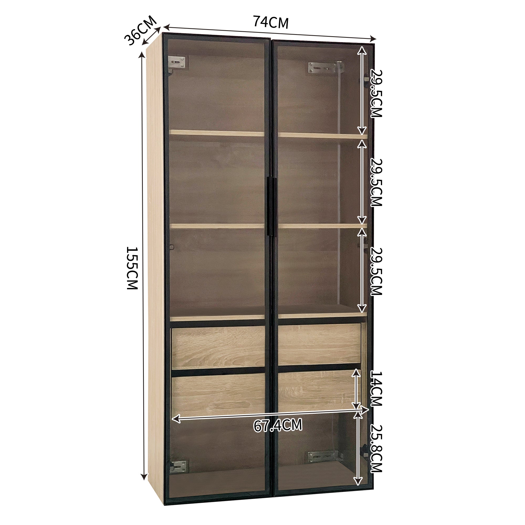 Bathroom Cabinets, Set of 2 Medium with Light Strip, 73cm Wide, 2 Drawers, 2 Doors, Glass