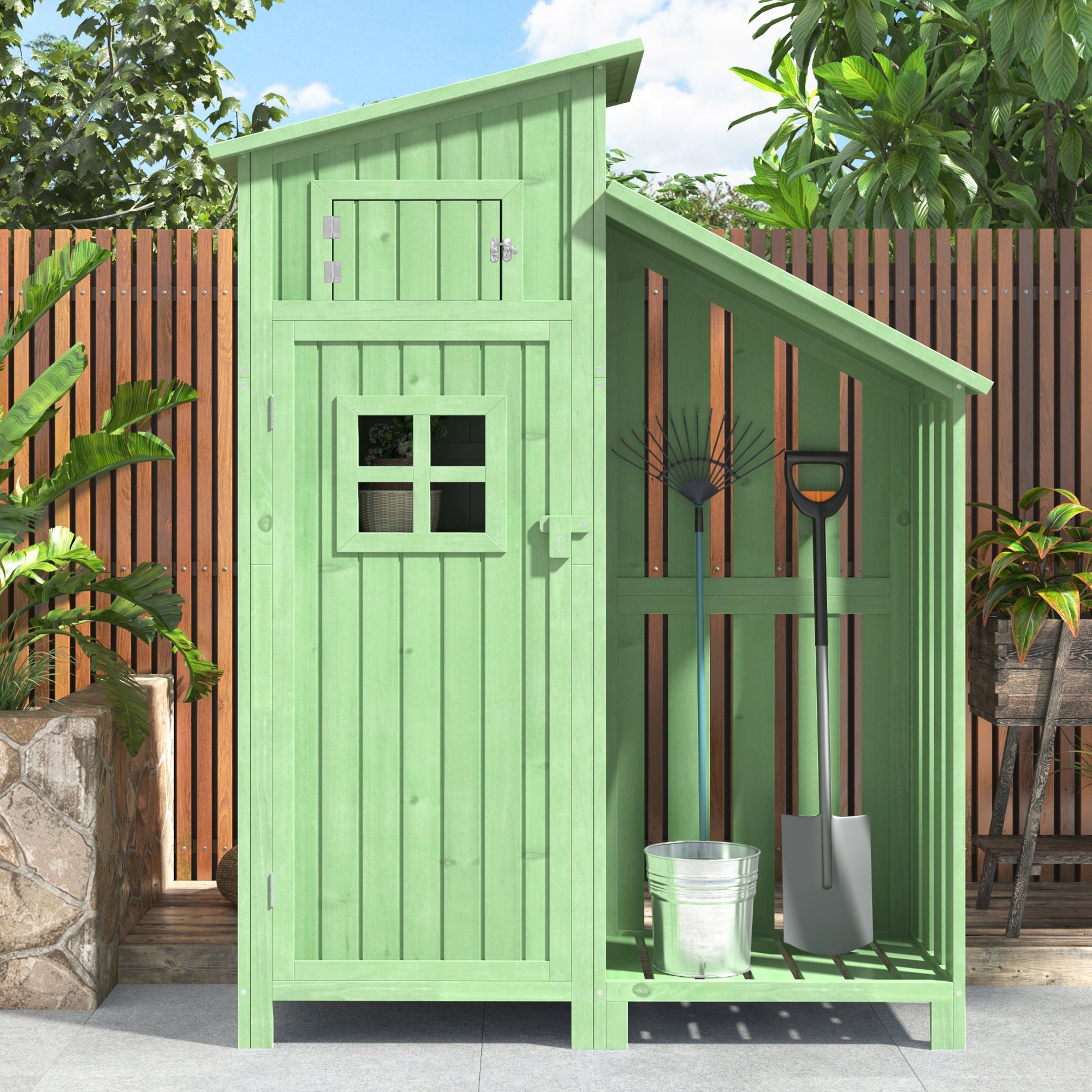 Wooden Garden Shed Tool Storage Cabinet for Small Gardens 124x46x174 cm Green