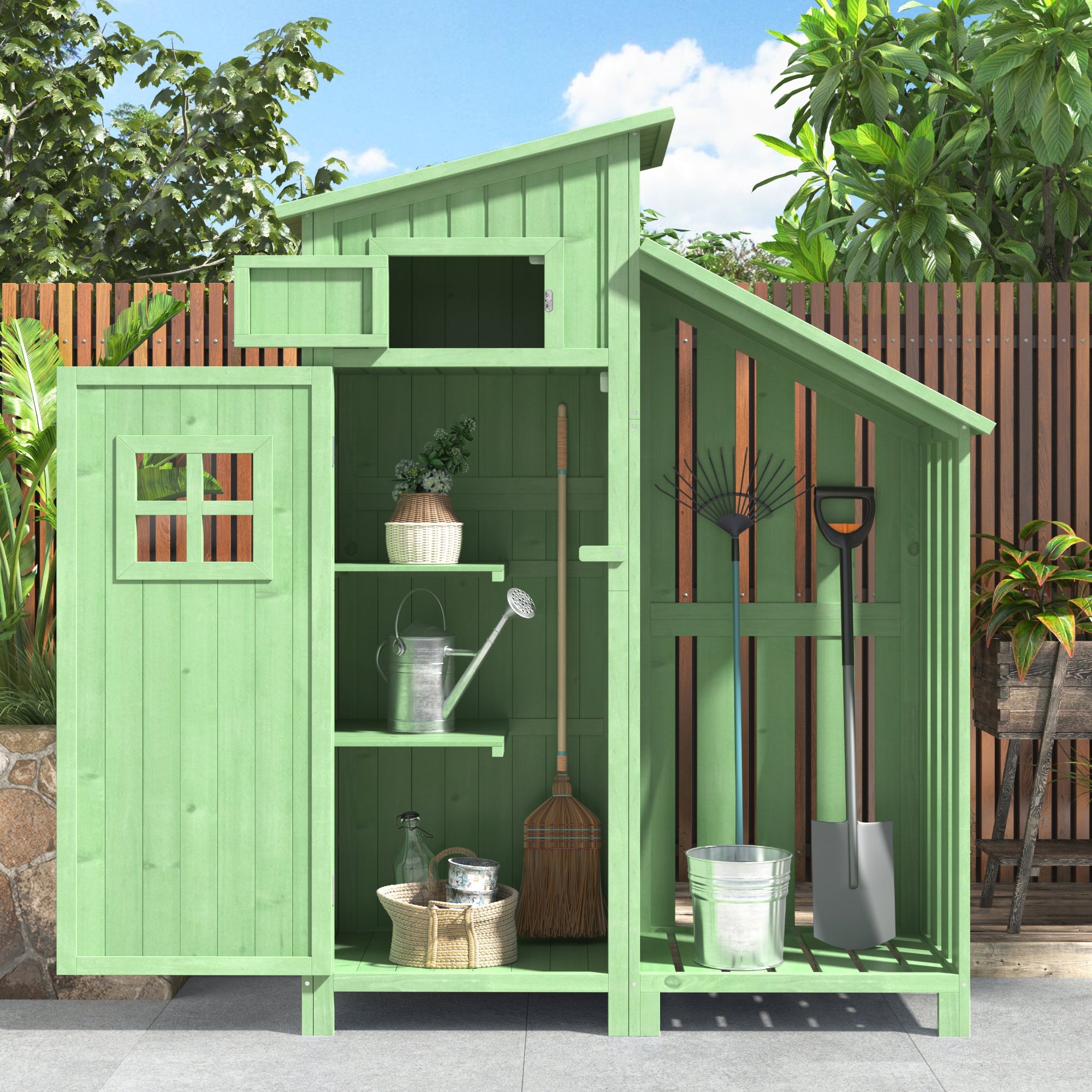 Wooden Garden Shed Tool Storage Cabinet for Small Gardens 124x46x174 cm Green