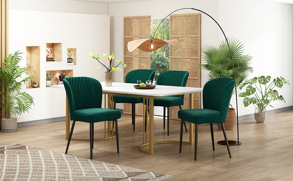 Dining Set 5-Piece 140x80cm Modern Table & 4 Chairs Dark Green Velvet White MDF Gold