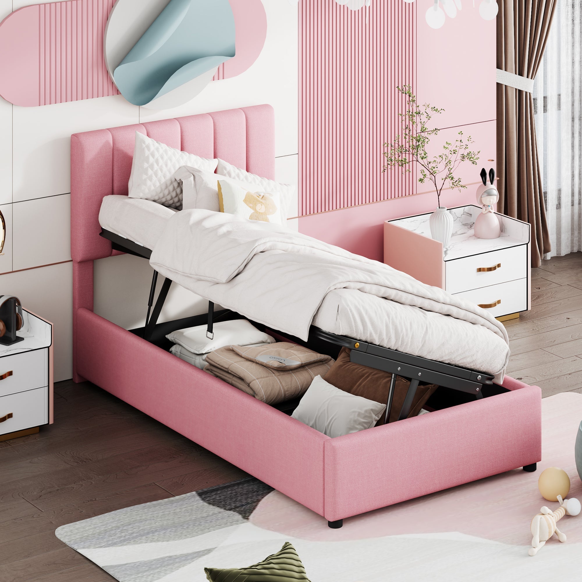 Children's Bed Upholstered Hydraulic Storage High Box Bed, 90x200 cm, Pink Linen