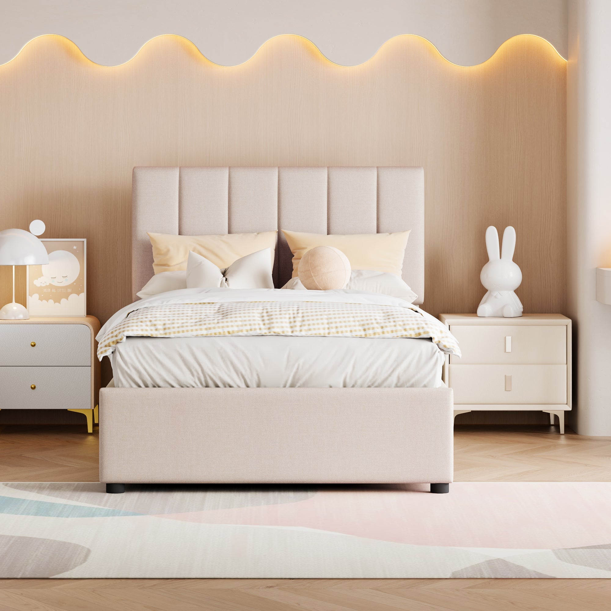 Children's Upholstered Loft Bed 90x200cm Hydraulic Storage, Linen Beige