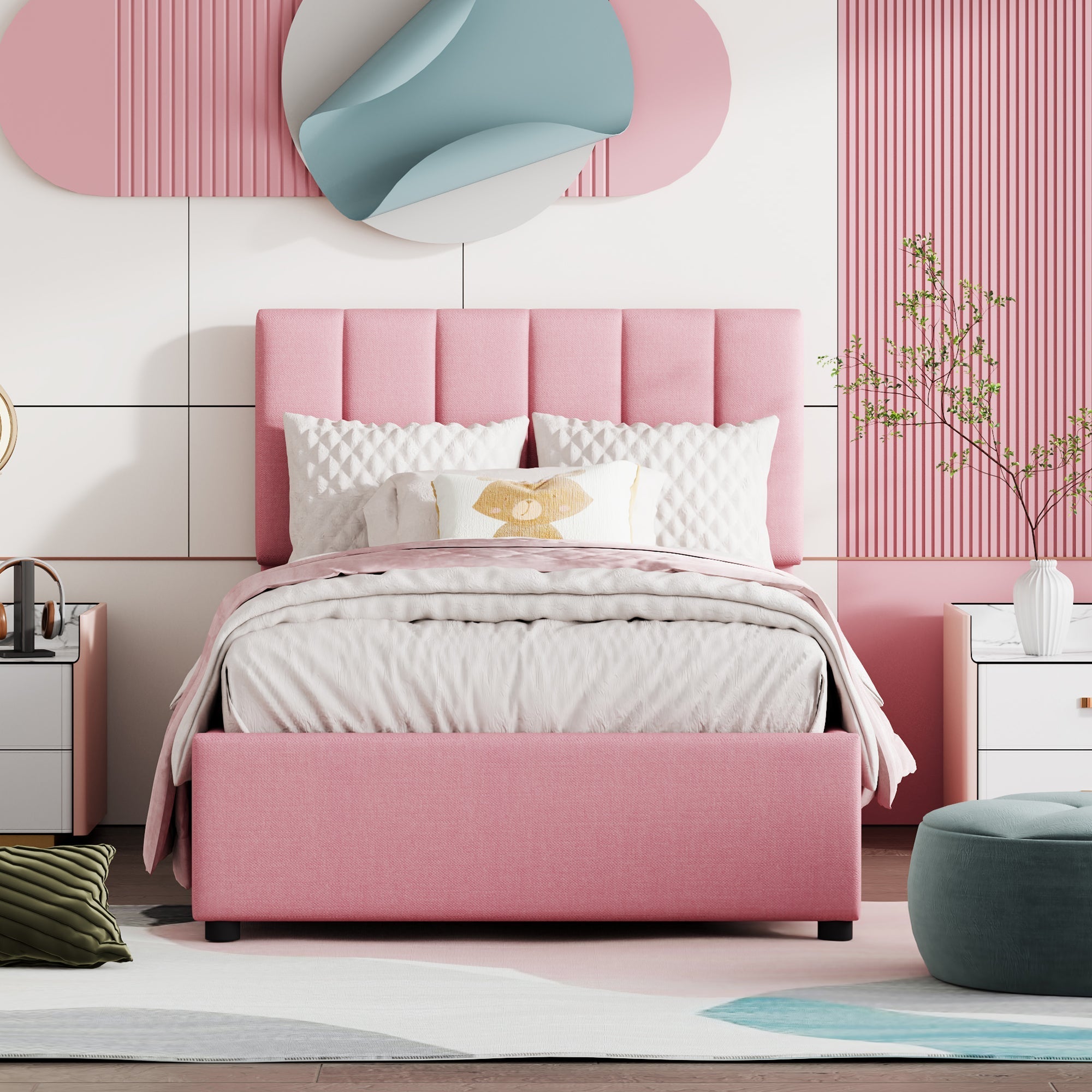 Children's Bed Upholstered Hydraulic Storage High Box Bed, 90x200 cm, Pink Linen