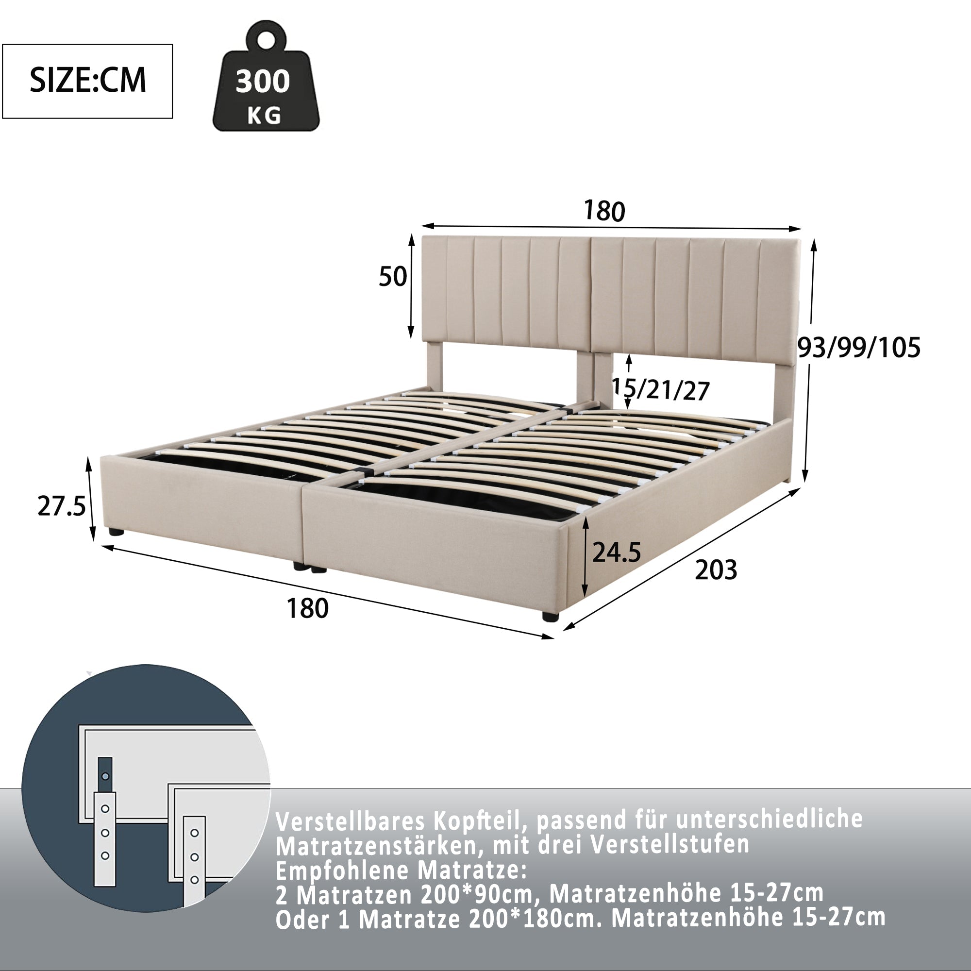 Upholstered Bed 180x200 cm Hydraulic Storage Multifunctional Beige Linen