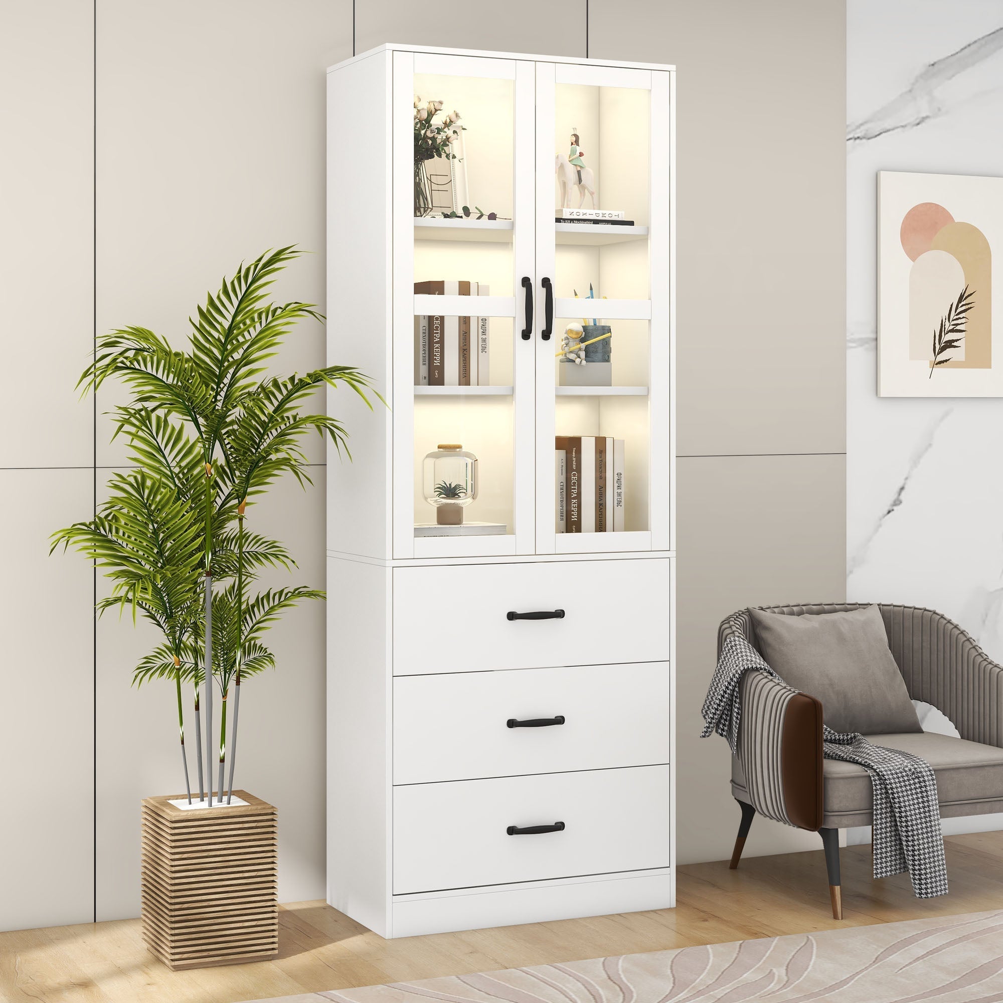 Display Cabinet, 200cm Freestanding with 3 Drawers, 2 Glass Doors, LED Lighting, White