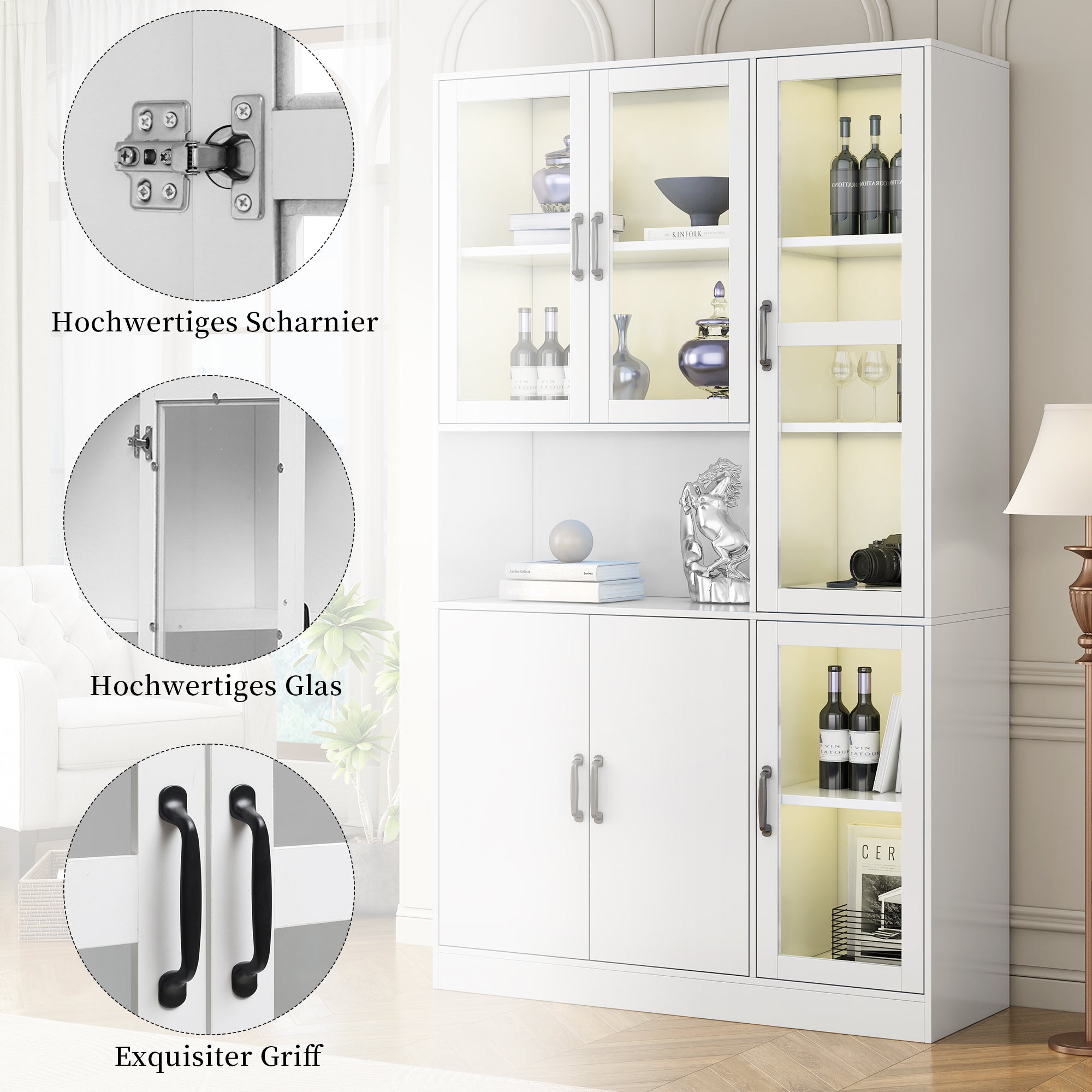 Display Cabinet Bookcase, LED Light, White