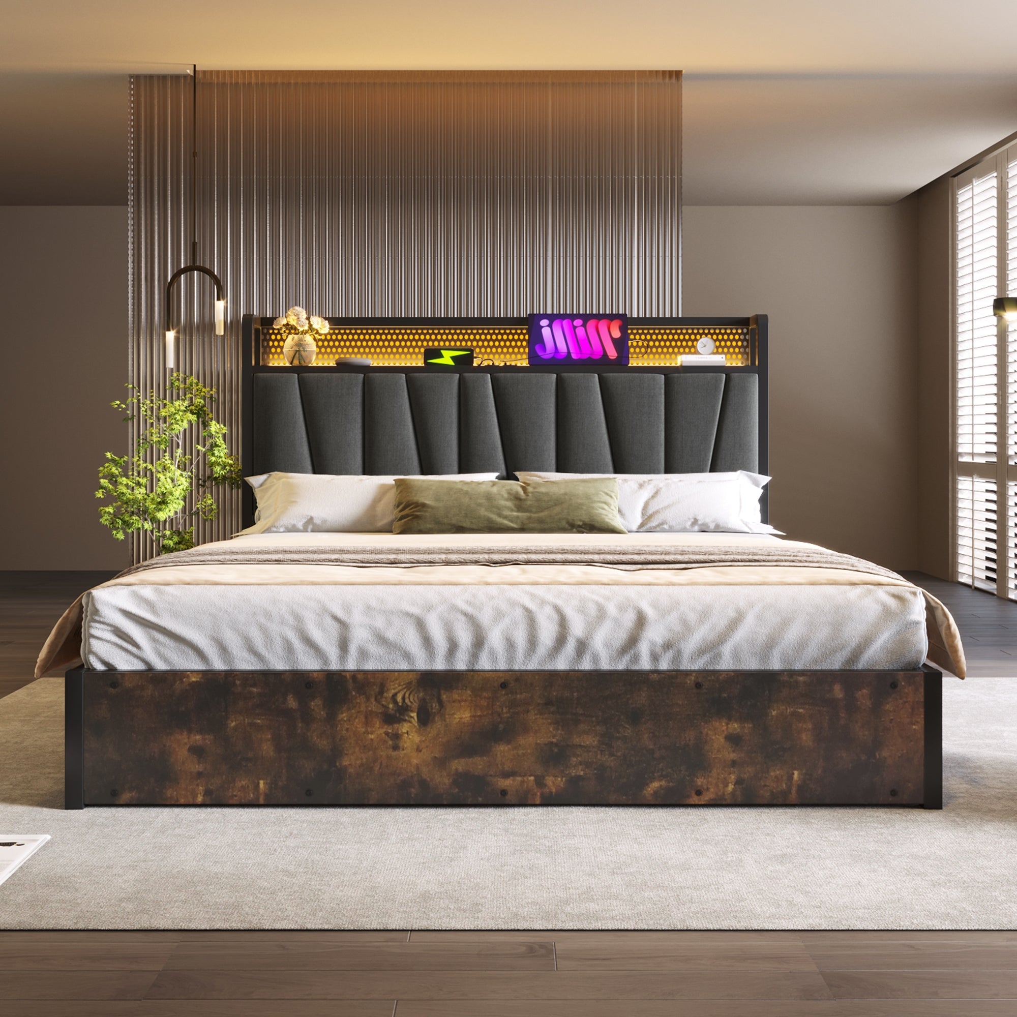 Upholstered Metal Bed with LED App Control, USB Charging and Headboard, 180x200cm, Grey