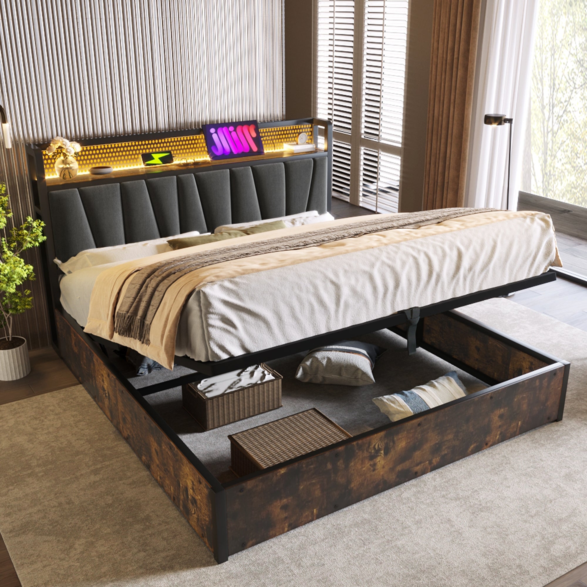 Upholstered Metal Bed with LED App Control, USB Charging and Headboard, 180x200cm, Grey