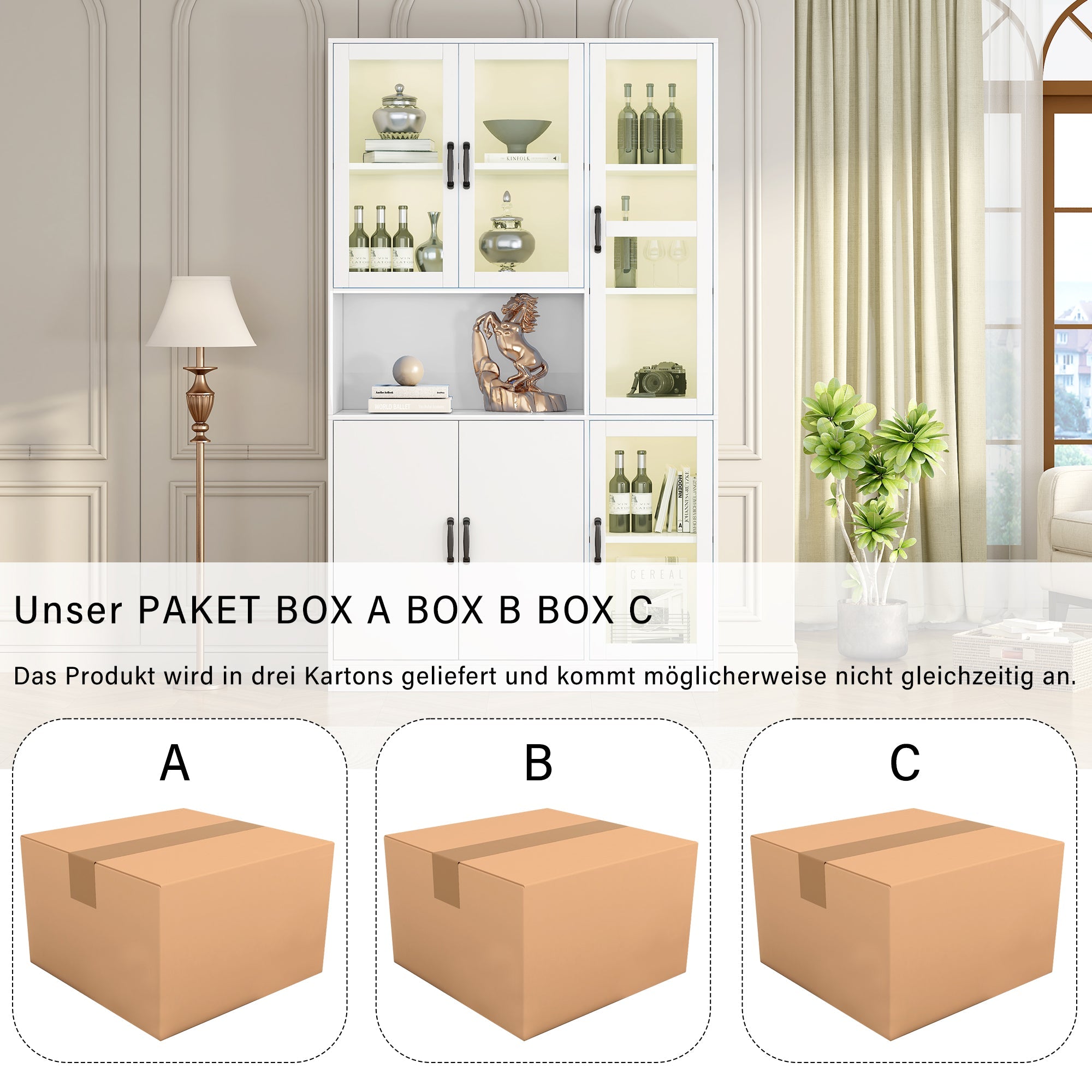 Display Cabinet Bookcase, LED Light, White