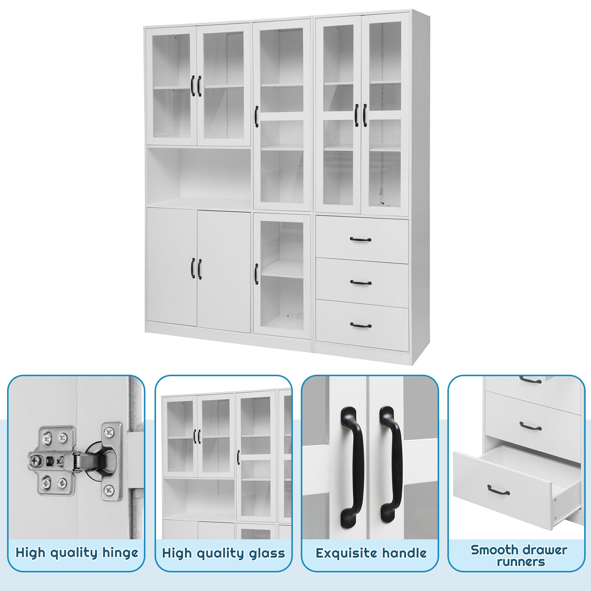 Display Cabinet Set, Modern Combination with LED Lighting, 8 Doors, 3 Drawers, White
