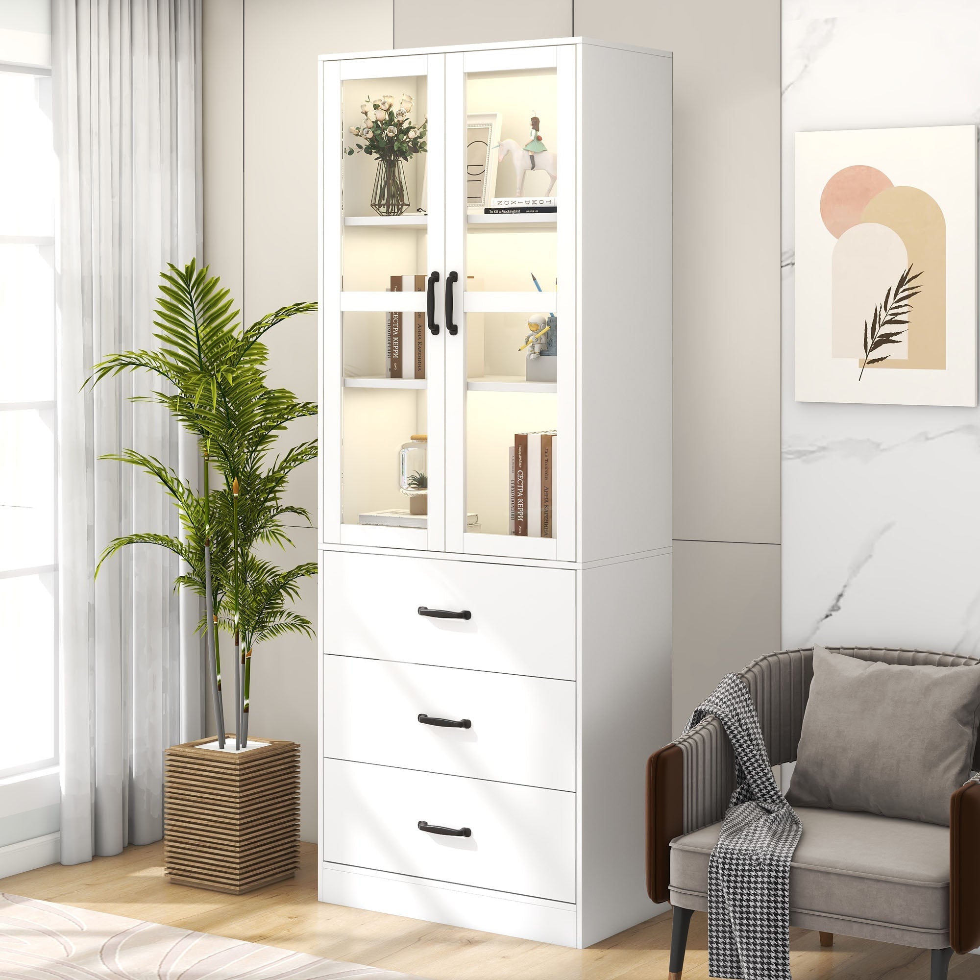 Display Cabinet, 200cm Freestanding with 3 Drawers, 2 Glass Doors, LED Lighting, White