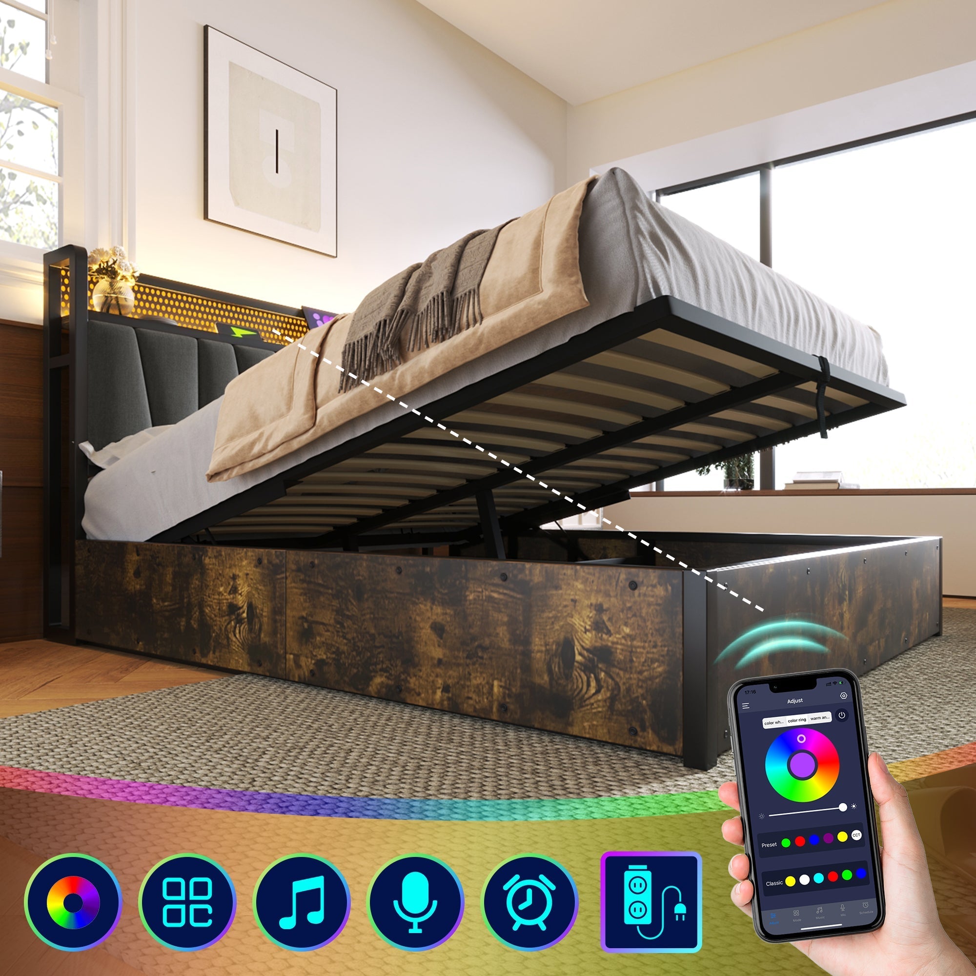 Upholstered Metal Bed, LED App-Control, USB Charging, 160x200cm, Gray