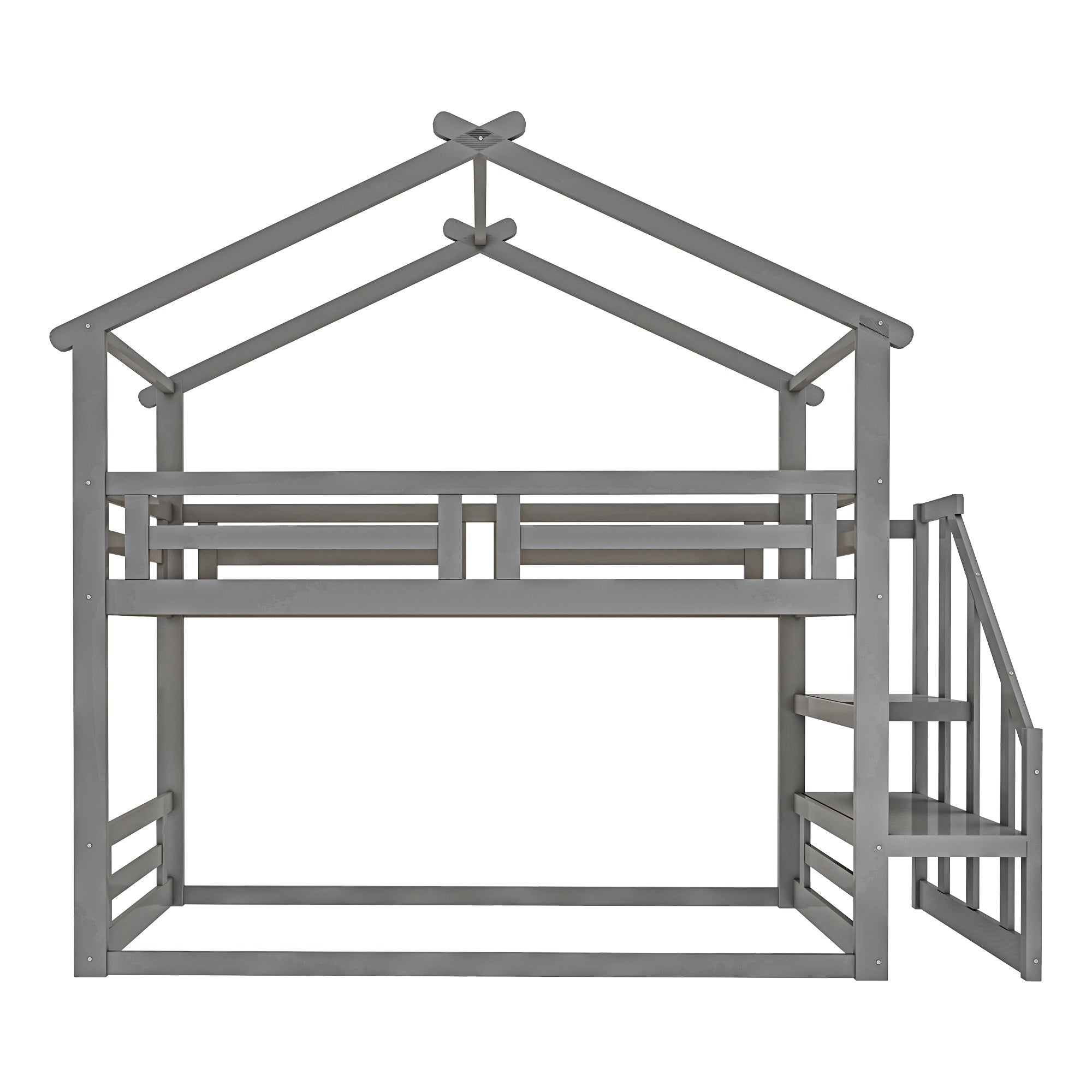 Children's Bed 90x200cm, Low Bunk Bed with Safety Stairs, Solid Wood, Grey