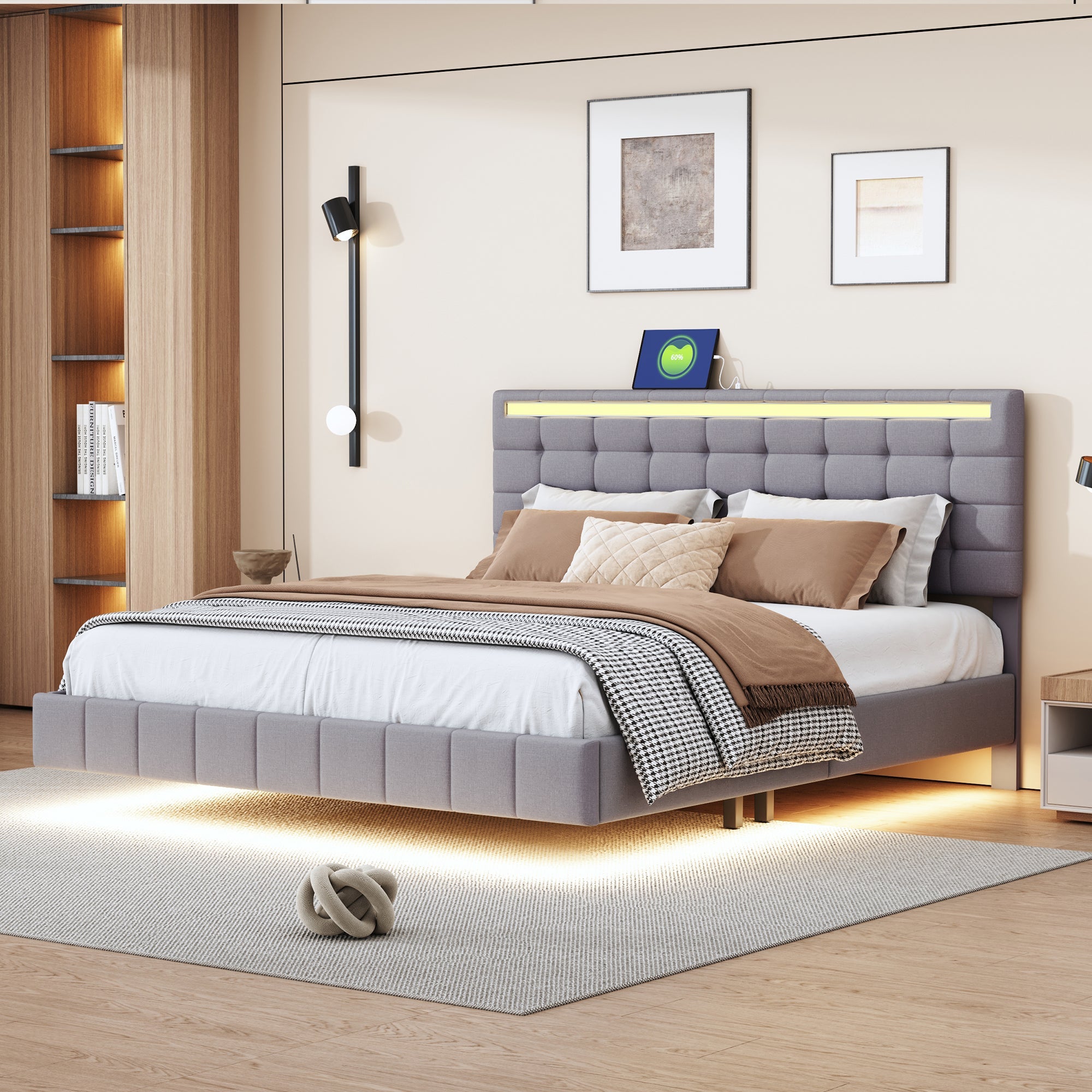 Upholstered Bed, 160x200cm Floating Frame with LED & Headboard, Linen Grey