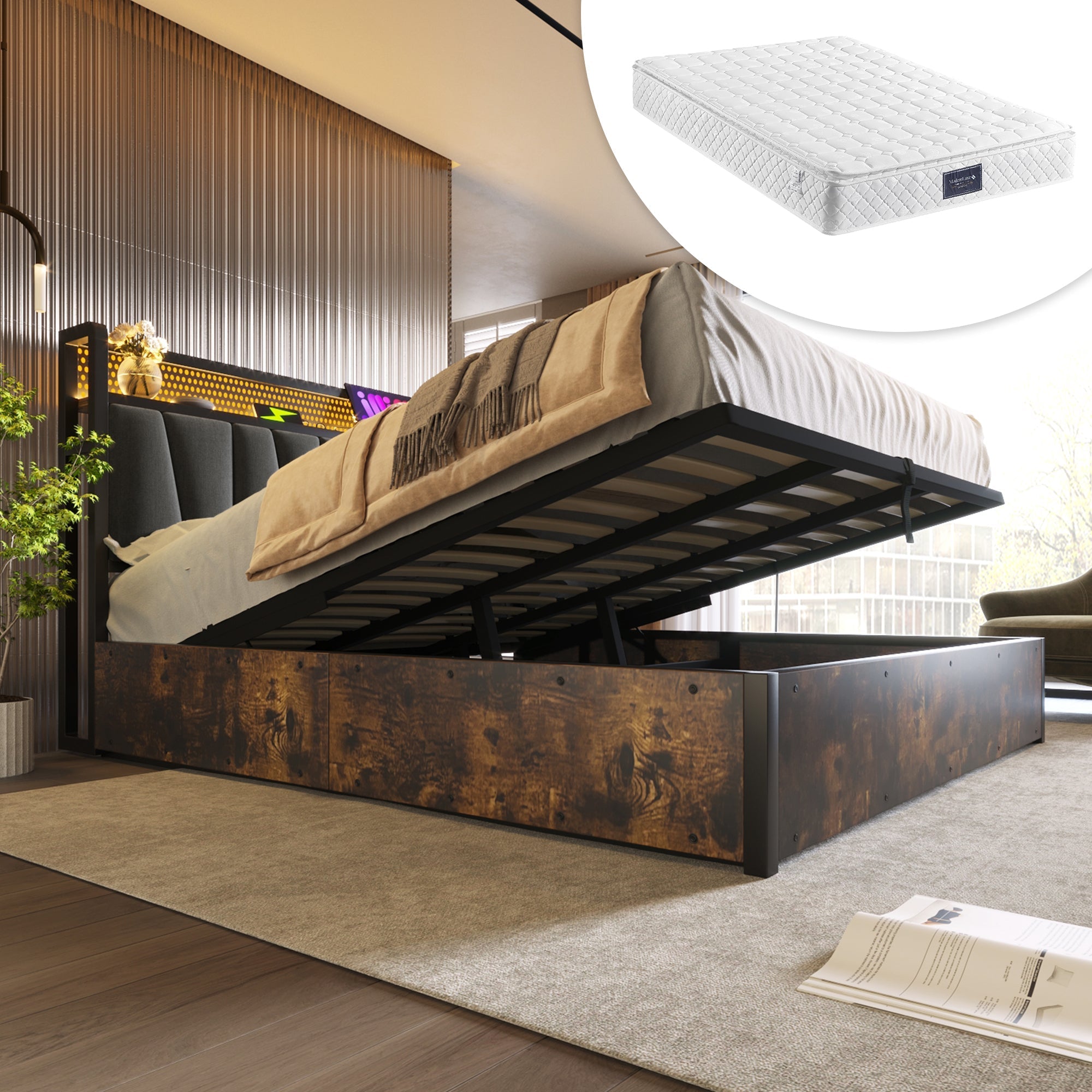 Upholstered Metal Bed, LED App-Control, USB Charging, 140x200cm, Gray