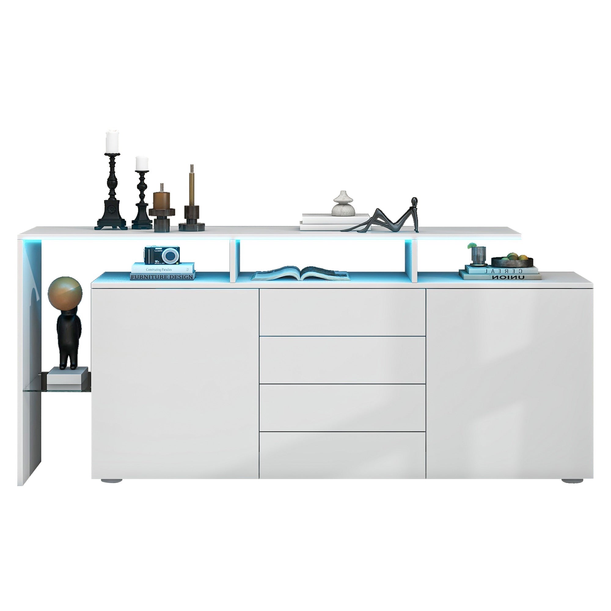 Sideboard Chest of Drawers Highboard with LED Lighting Multi-Purpose High-Gloss White