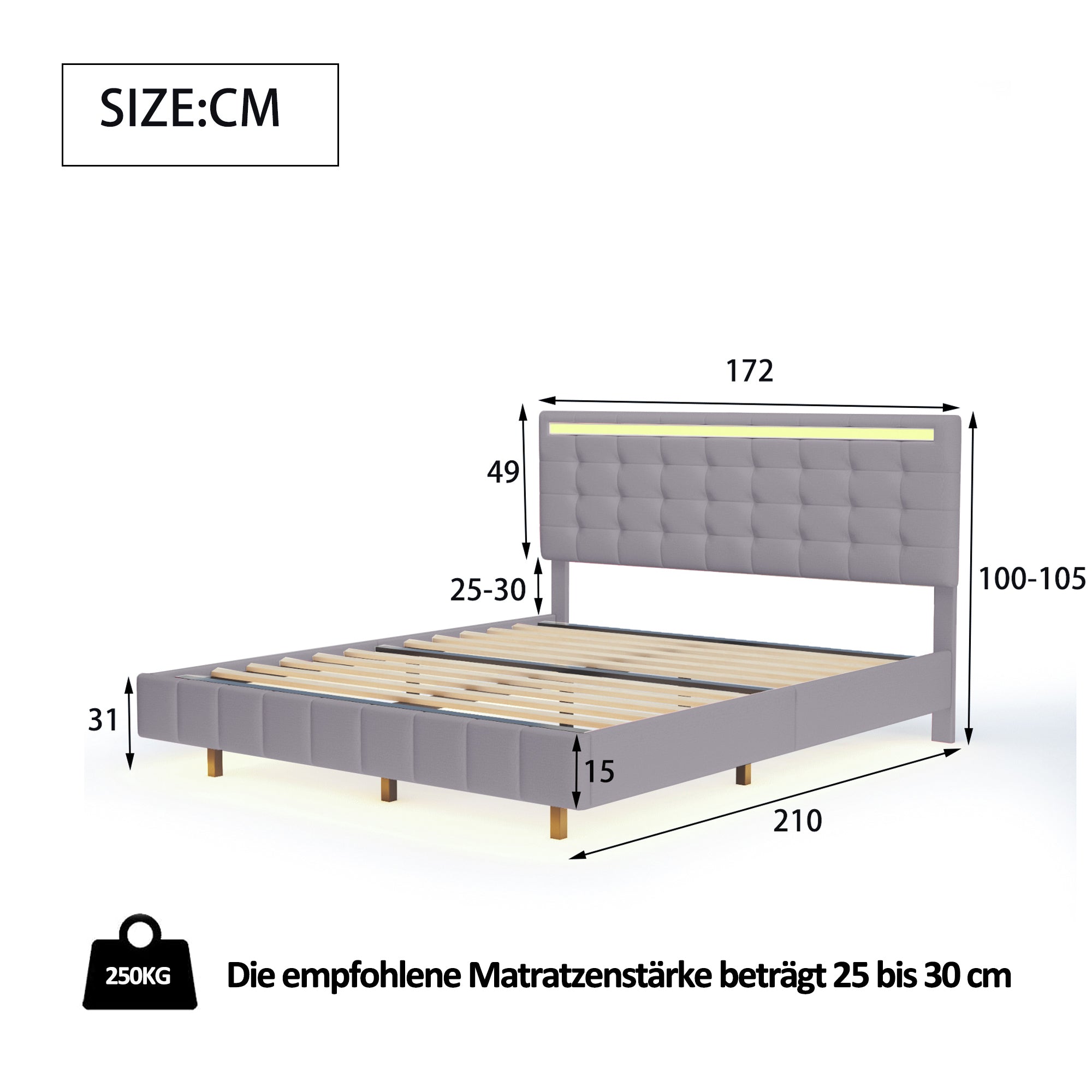 Upholstered Bed, 160x200cm Floating Frame with LED & Headboard, Linen Grey