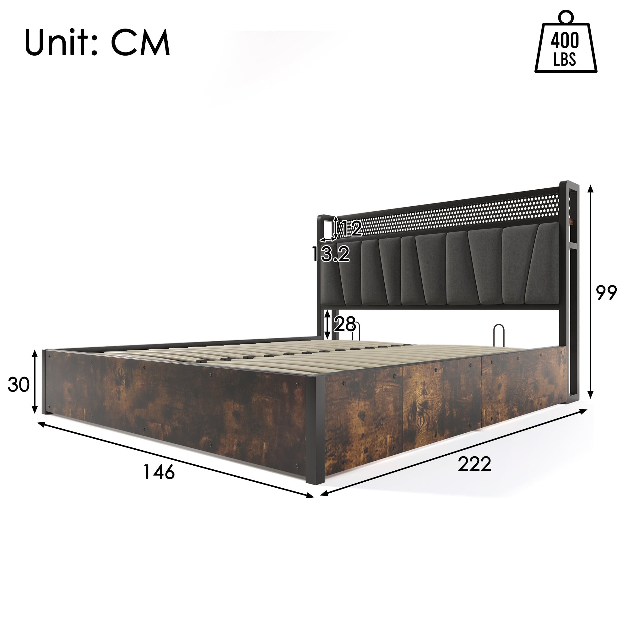 Upholstered Metal Bed, LED App-Control, USB Charging, 140x200cm, Gray