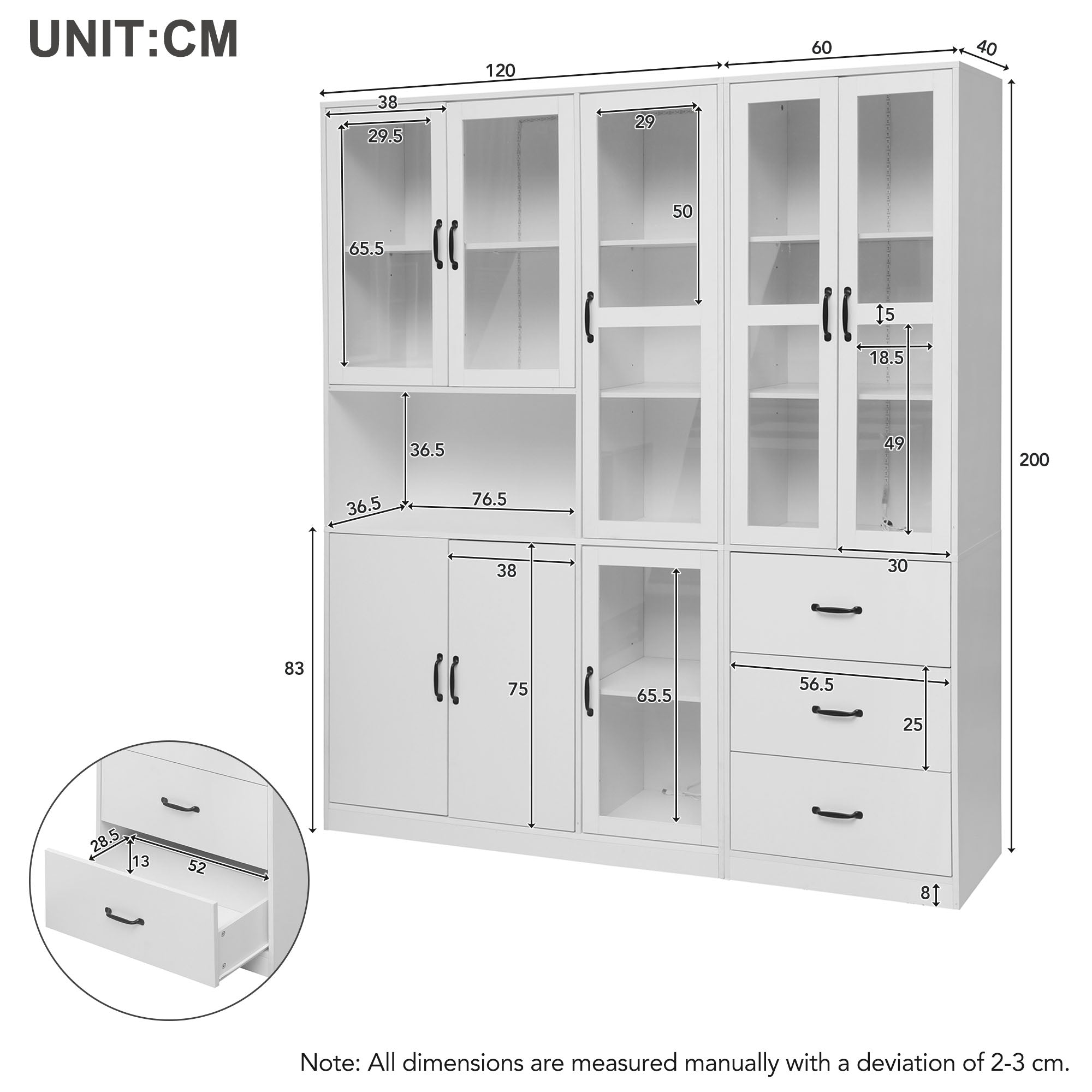 Display Cabinet Set, Modern Combination with LED Lighting, 8 Doors, 3 Drawers, White