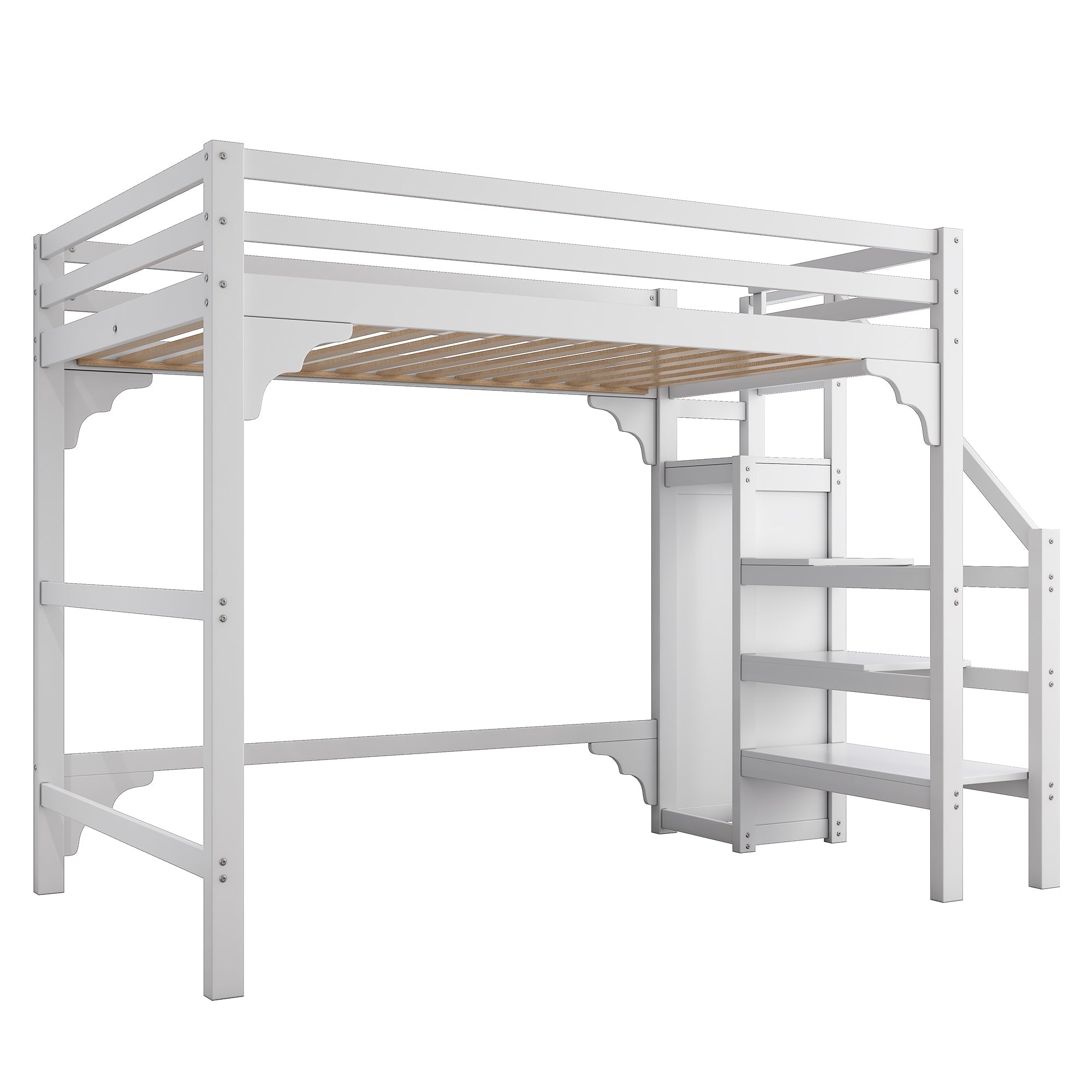Loft Bed 140x200cm Steps Wardrobe Storage - White