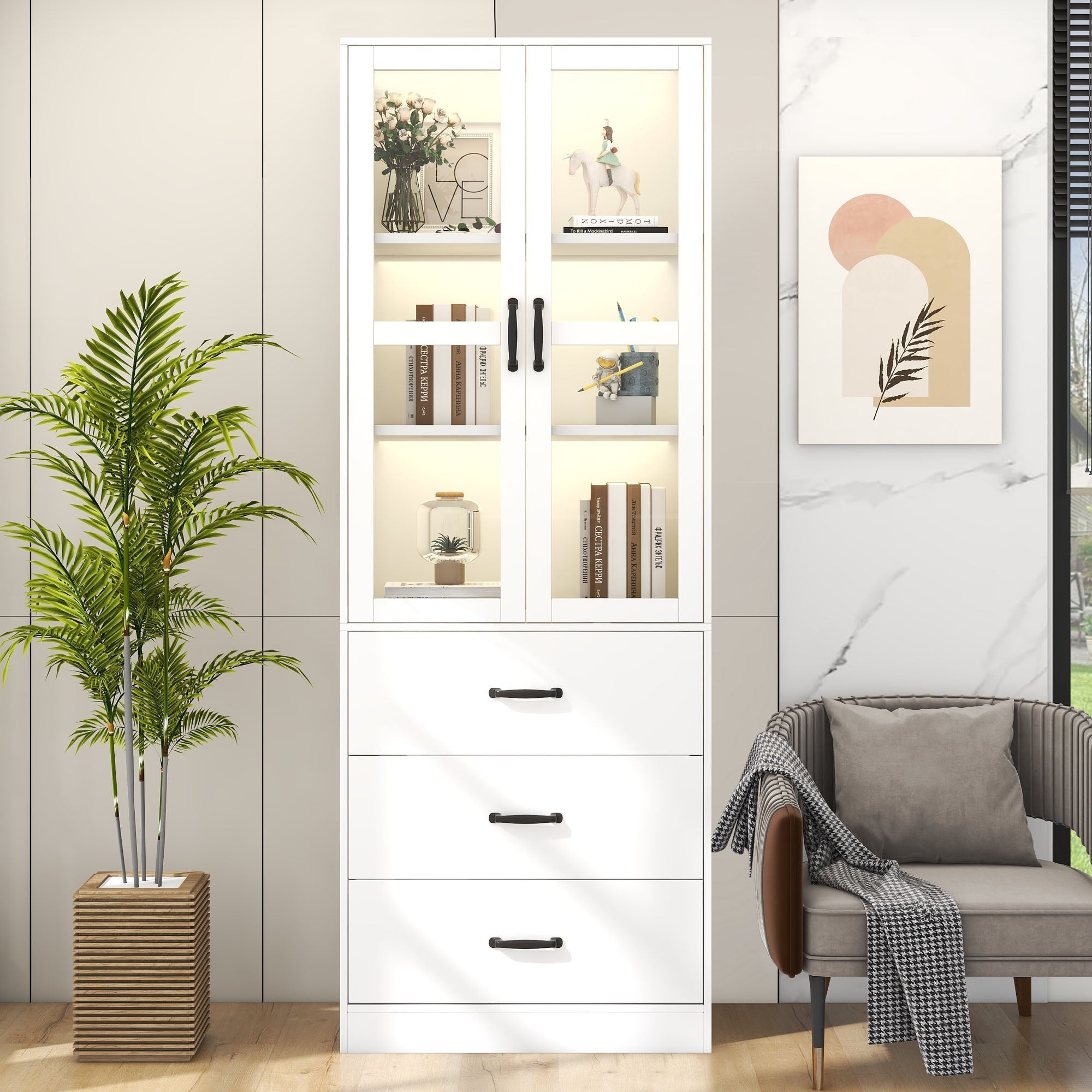 Display Cabinet, 200cm Freestanding with 3 Drawers, 2 Glass Doors, LED Lighting, White
