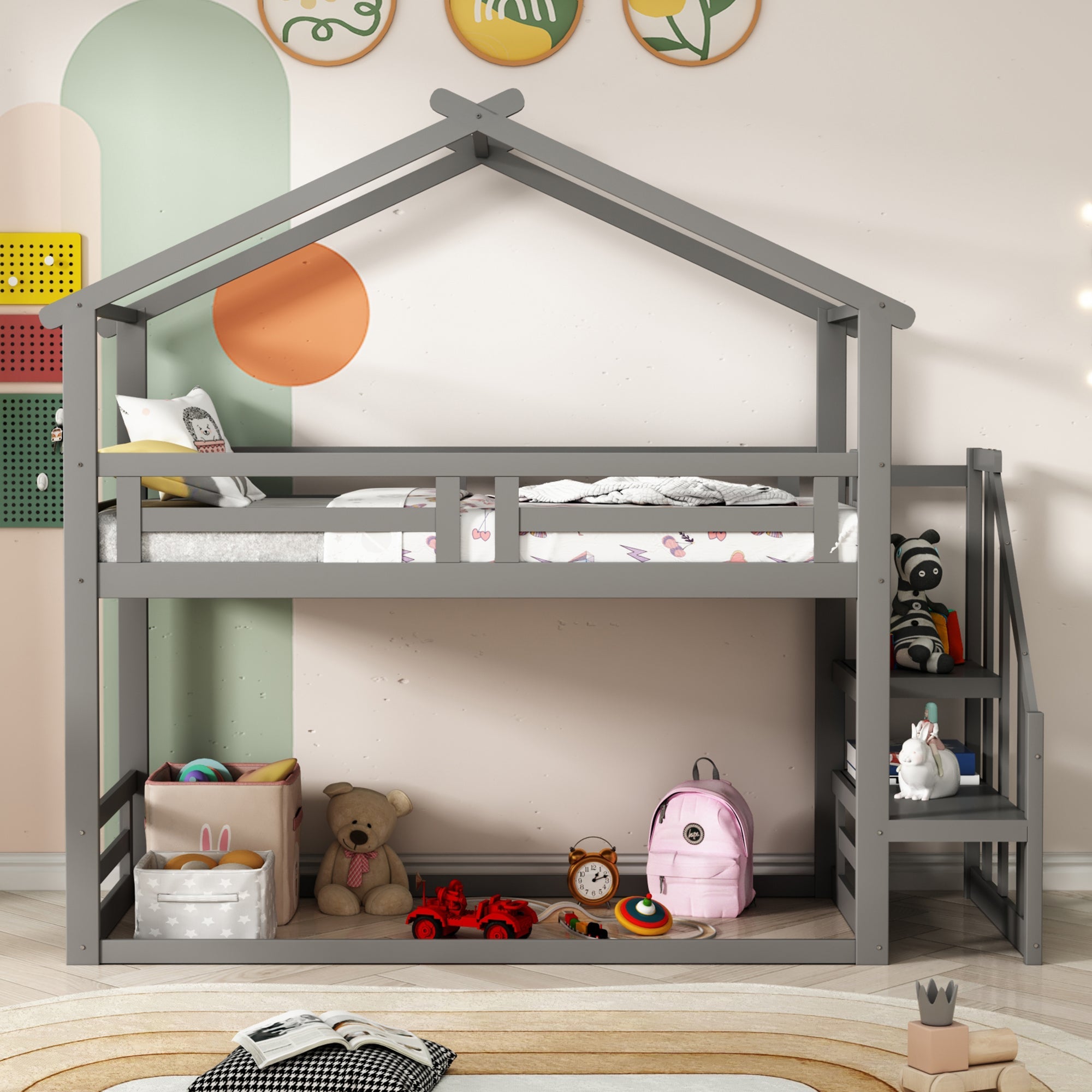 Children's Bed 90x200cm, Low Bunk Bed with Safety Stairs, Solid Wood, Grey