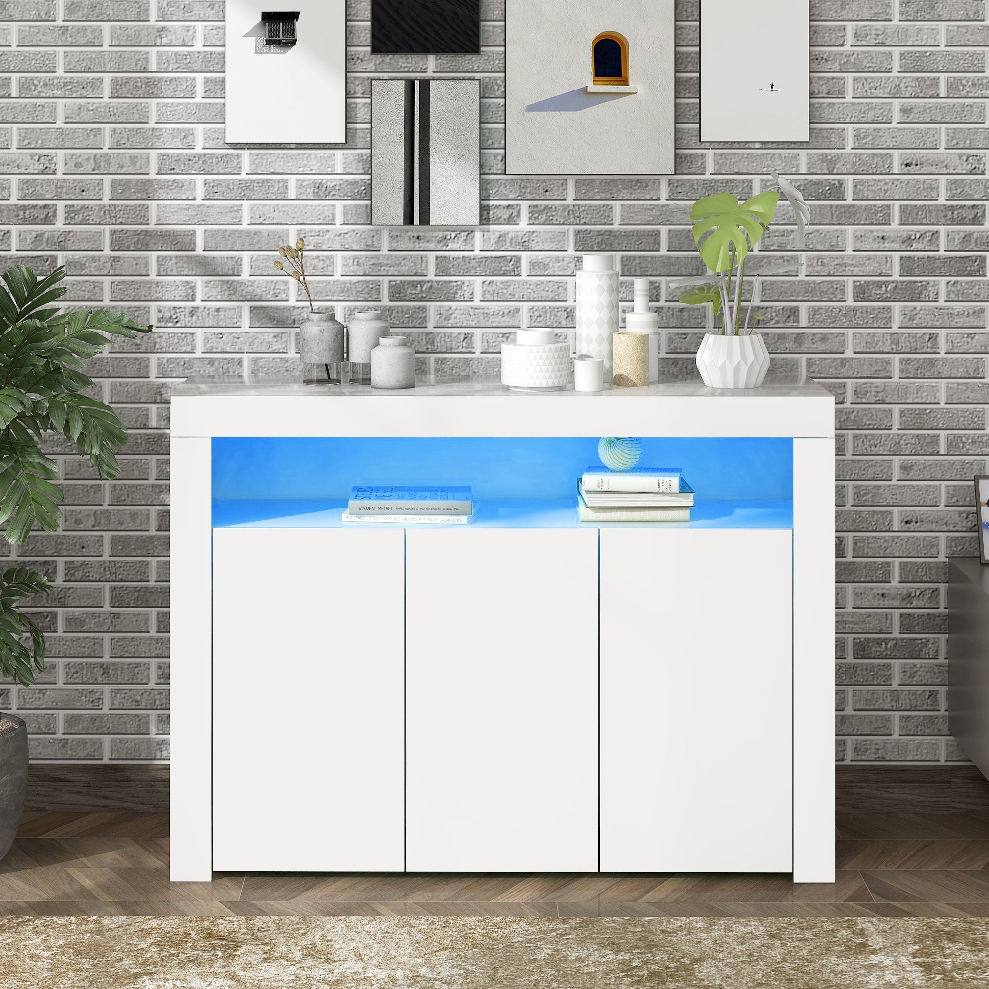 High-Gloss Sideboard Display Cabinet 3-Door LED Storage - White
