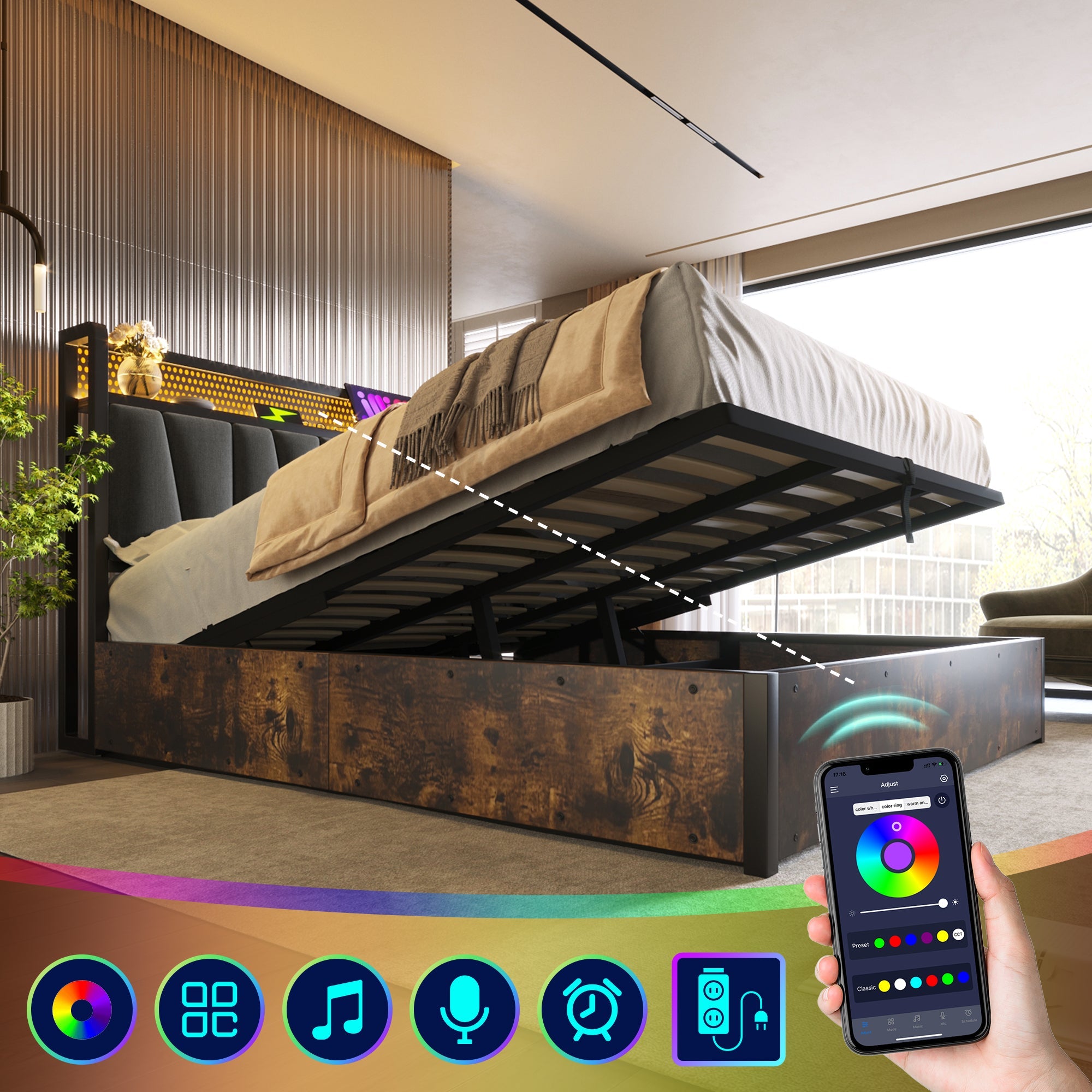 Upholstered Metal Bed with LED App Control, USB Charging and Headboard, 180x200cm, Grey