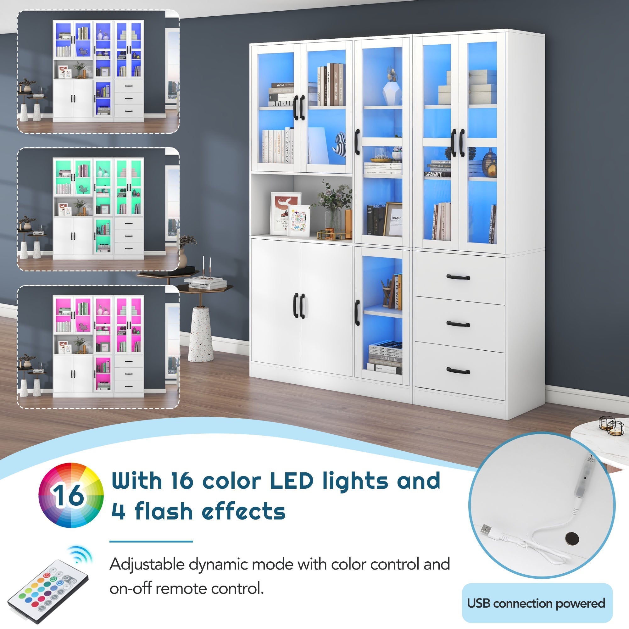 Display Cabinet Set, Modern Combination with LED Lighting, 8 Doors, 3 Drawers, White