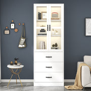 Display Cabinet, 200cm Freestanding with 3 Drawers, 2 Glass Doors, LED Lighting, White