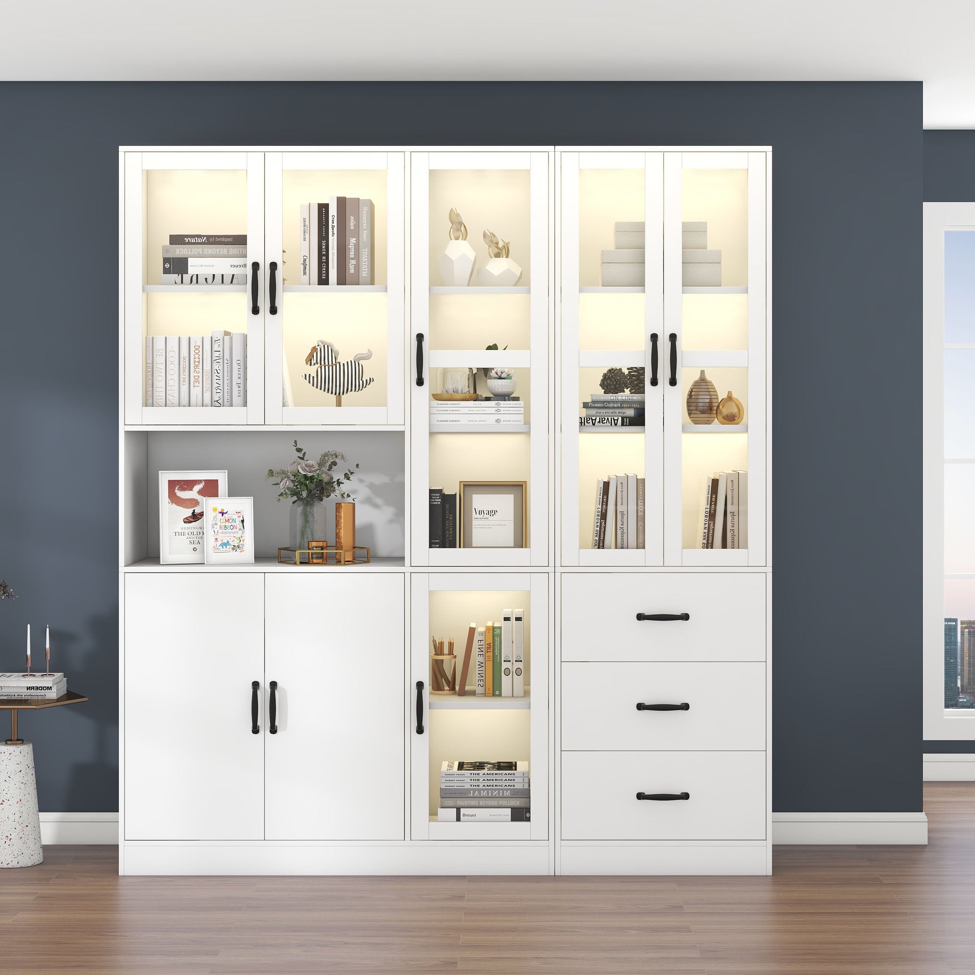 Display Cabinet Set, Modern Combination with LED Lighting, 8 Doors, 3 Drawers, White