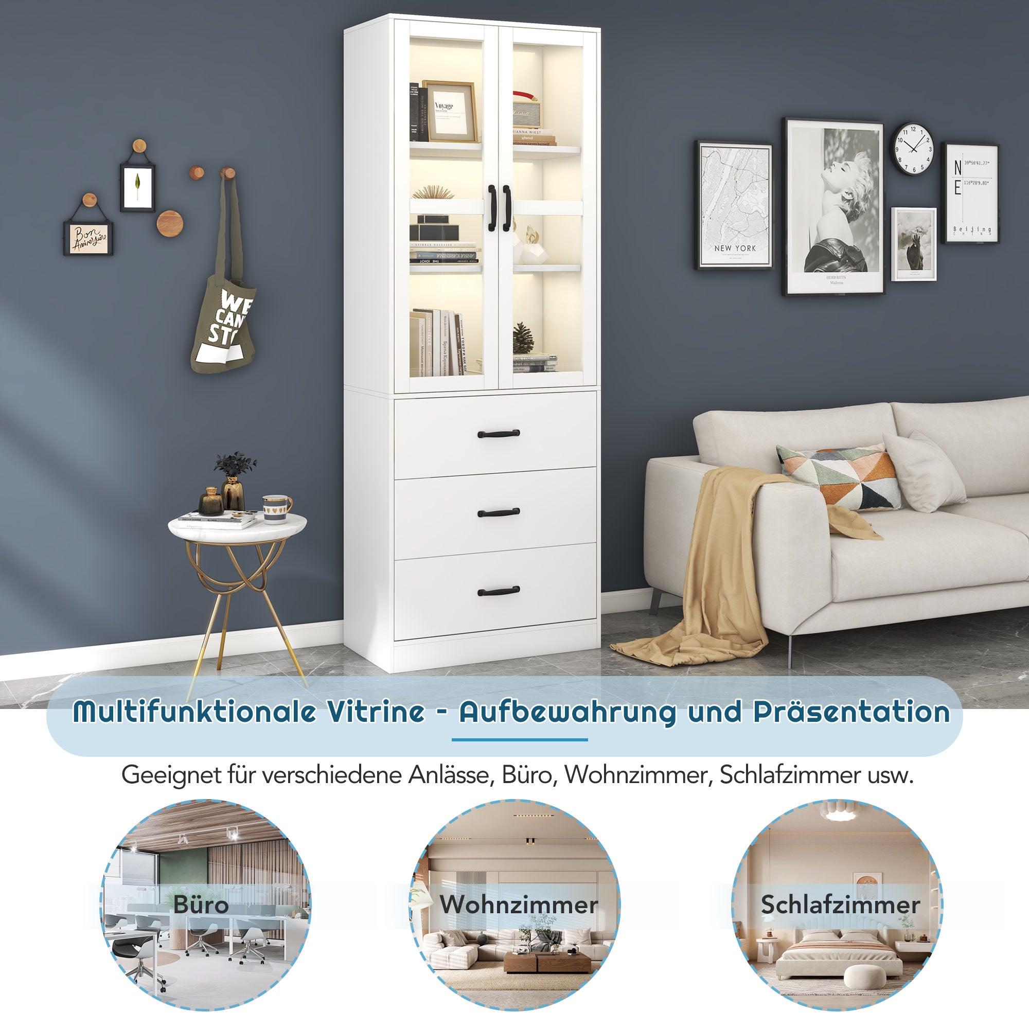 Display Cabinet, 200cm Freestanding with 3 Drawers, 2 Glass Doors, LED Lighting, White