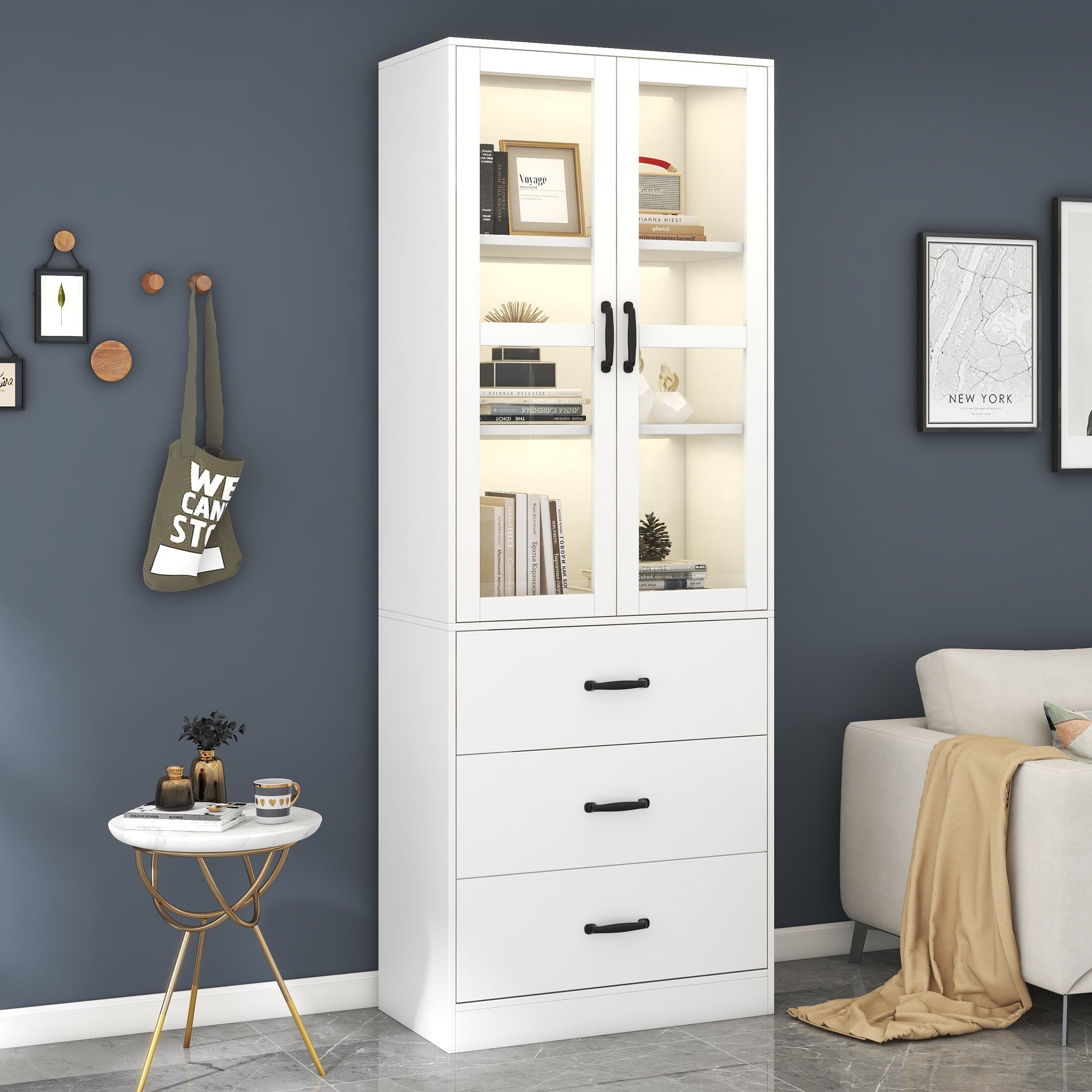 Display Cabinet, 200cm Freestanding with 3 Drawers, 2 Glass Doors, LED Lighting, White