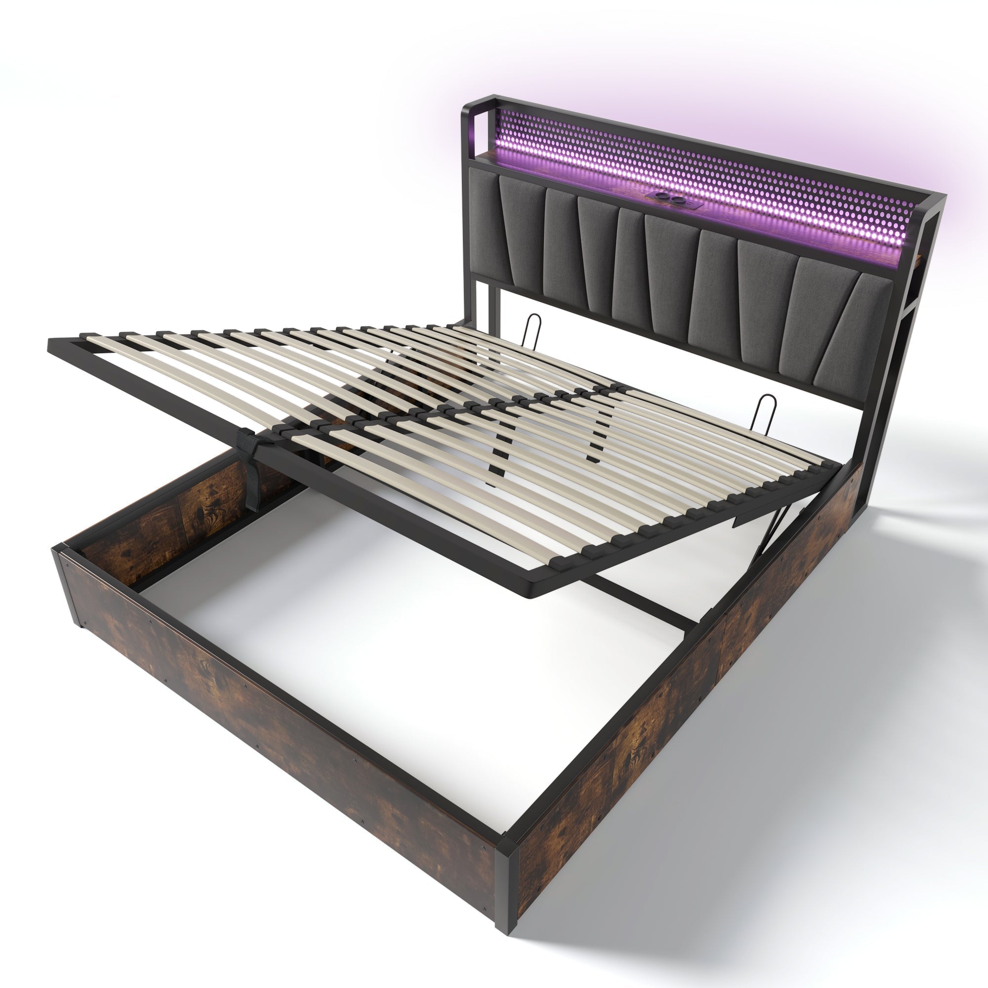 Upholstered Metal Bed, LED App-Control, USB Charging, 140x200cm, Gray