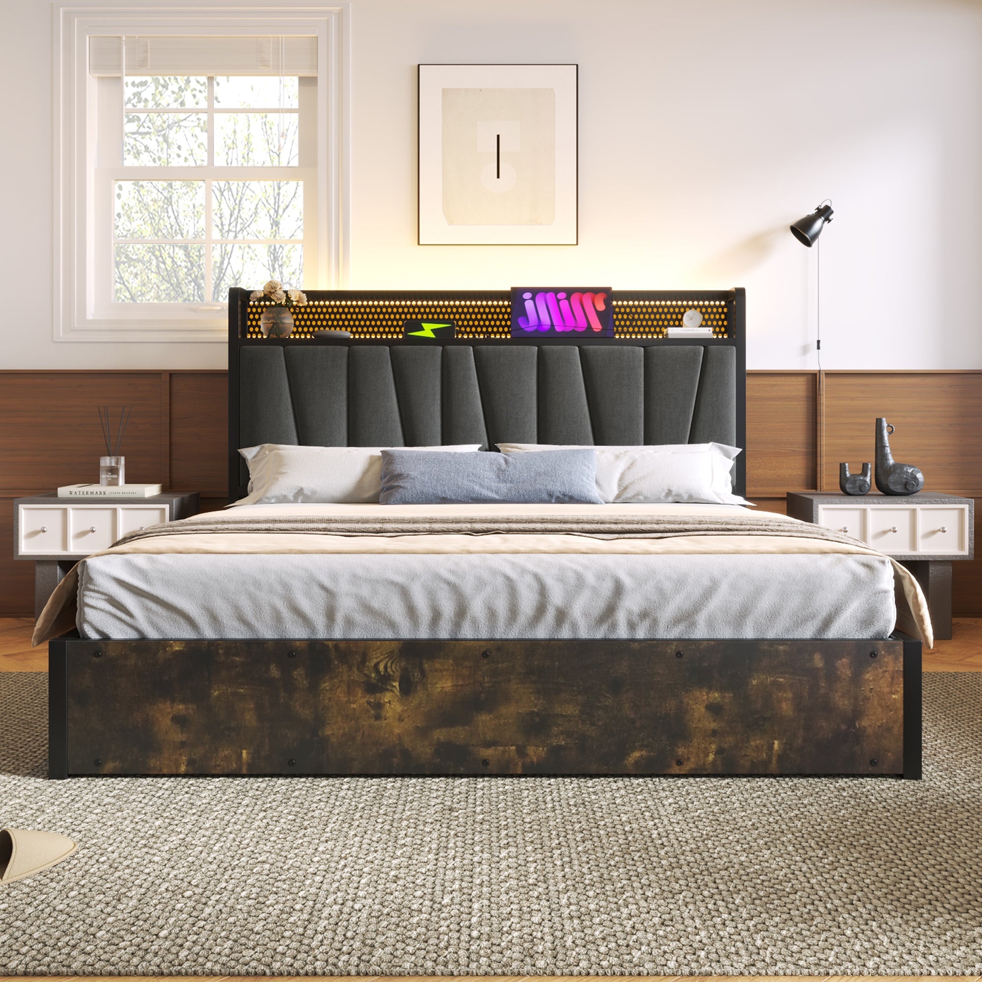 Upholstered Metal Bed with LED App Control, USB Charging and Headboard, 180x200cm, Grey
