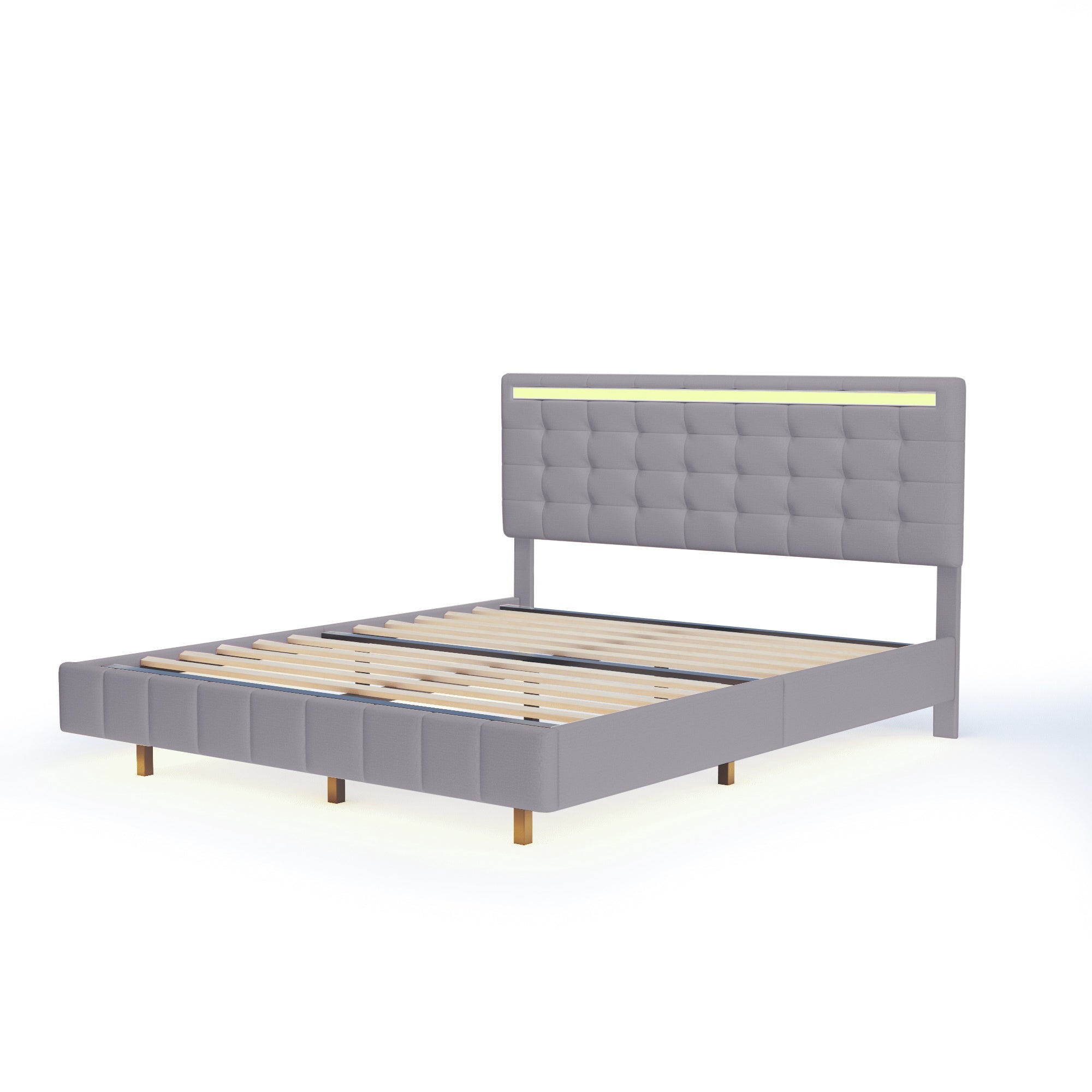 Upholstered Bed, 160x200cm Floating Frame with LED & Headboard, Linen Grey