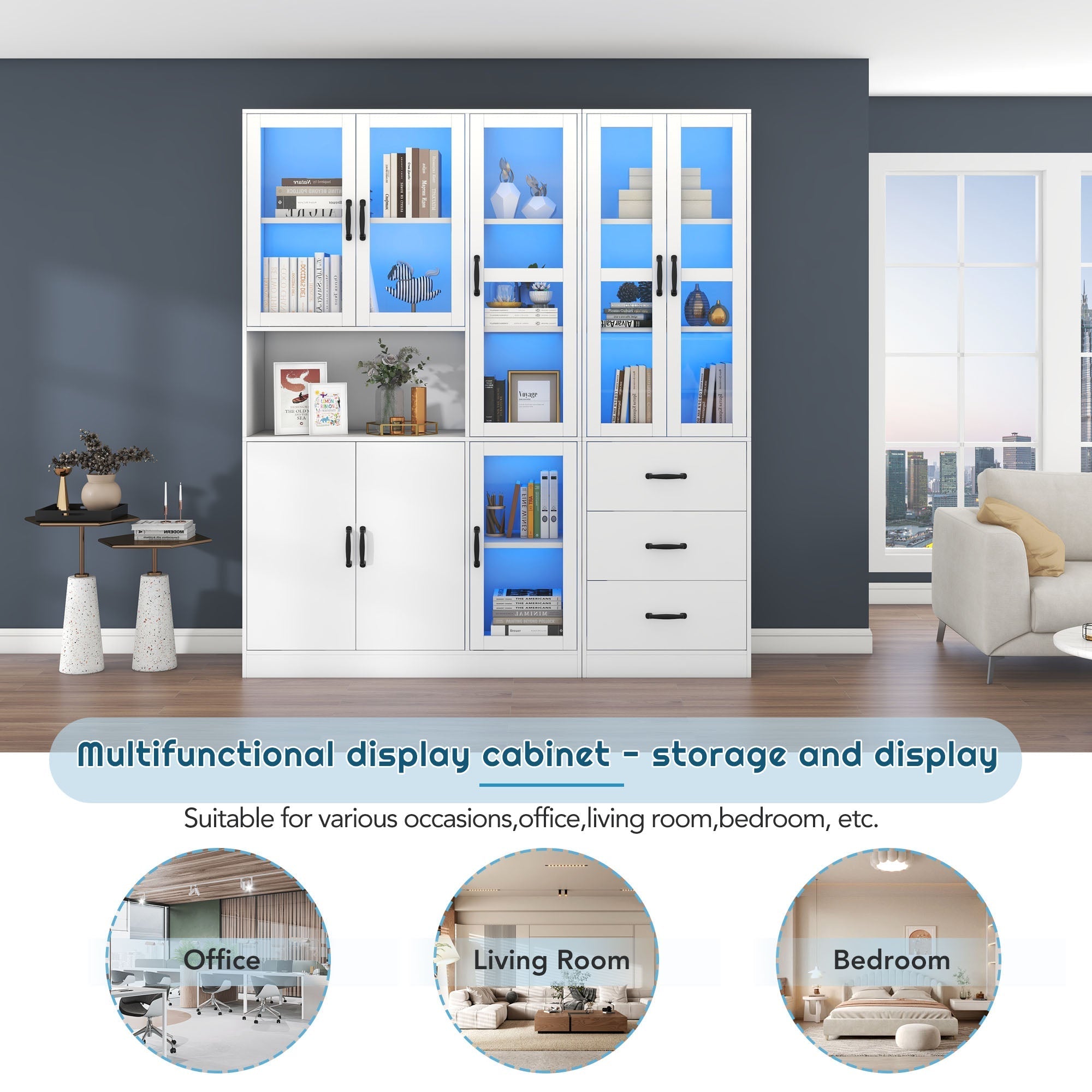 Display Cabinet Set, Modern Combination with LED Lighting, 8 Doors, 3 Drawers, White