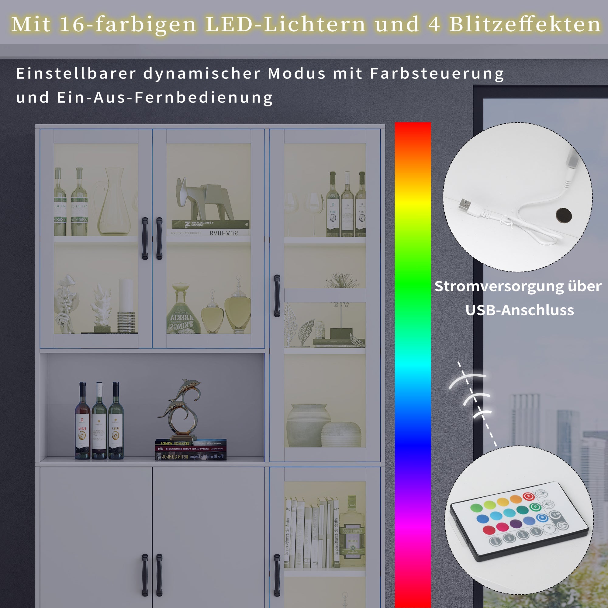 Display Cabinet Bookcase, LED Light, White