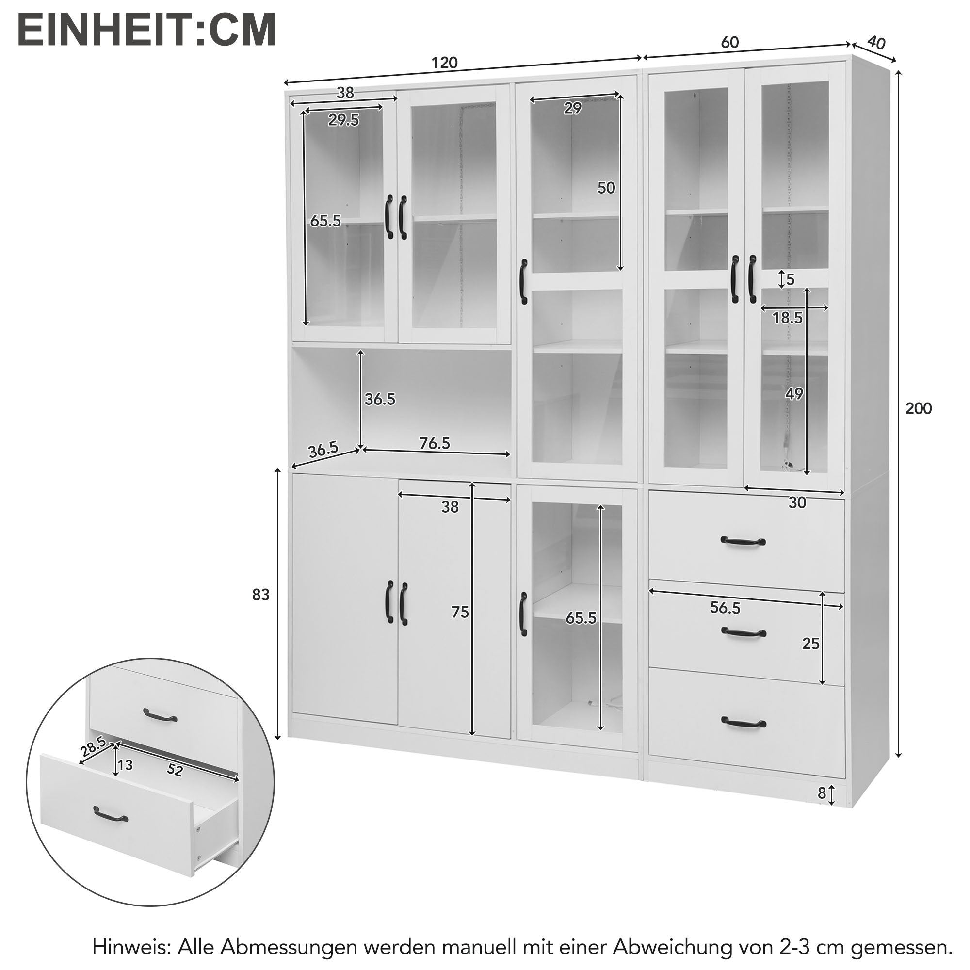 Display Cabinet Set, Modern Combination with LED Lighting, 8 Doors, 3 Drawers, White