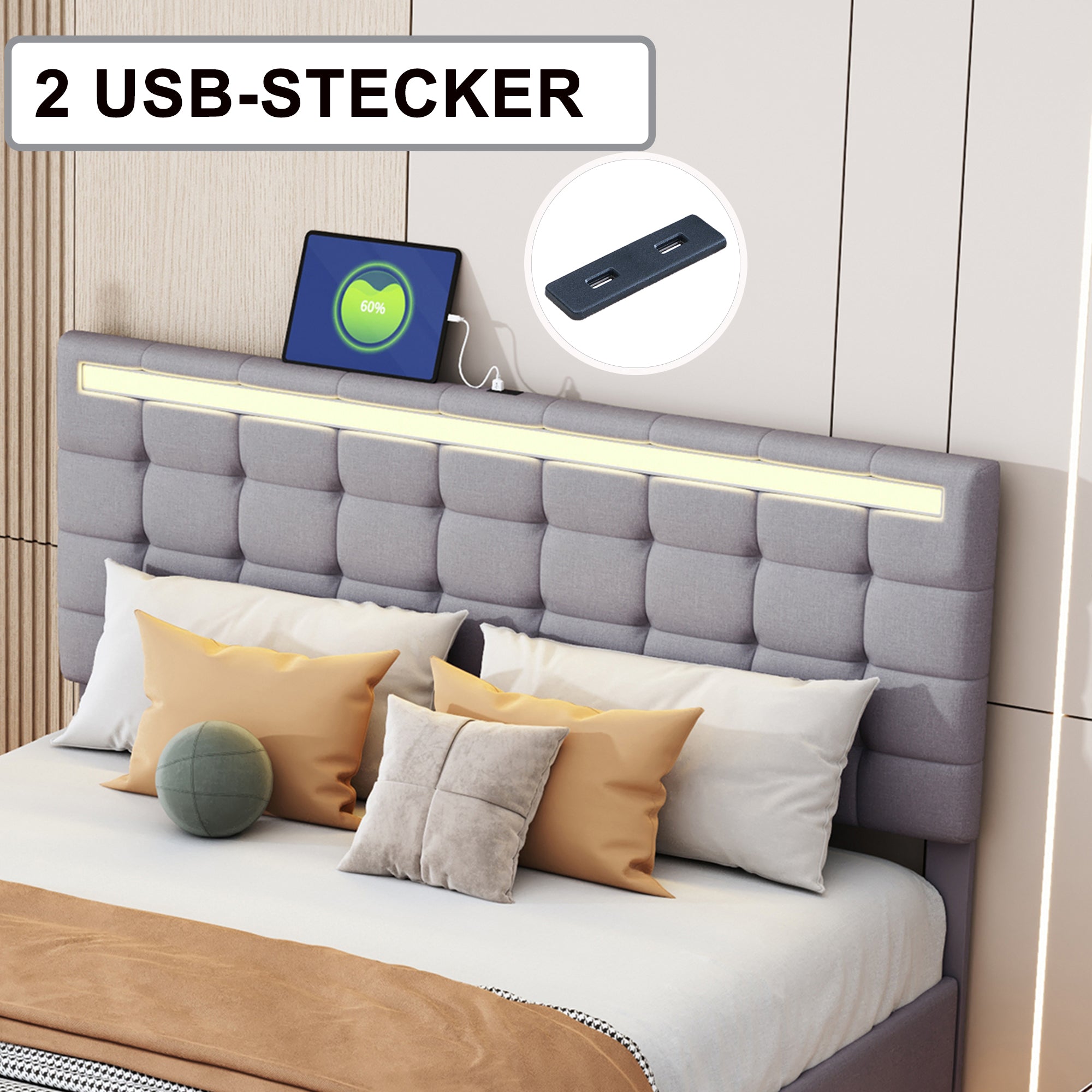 Upholstered Bed, 160x200cm Floating Frame with LED & Headboard, Linen Grey