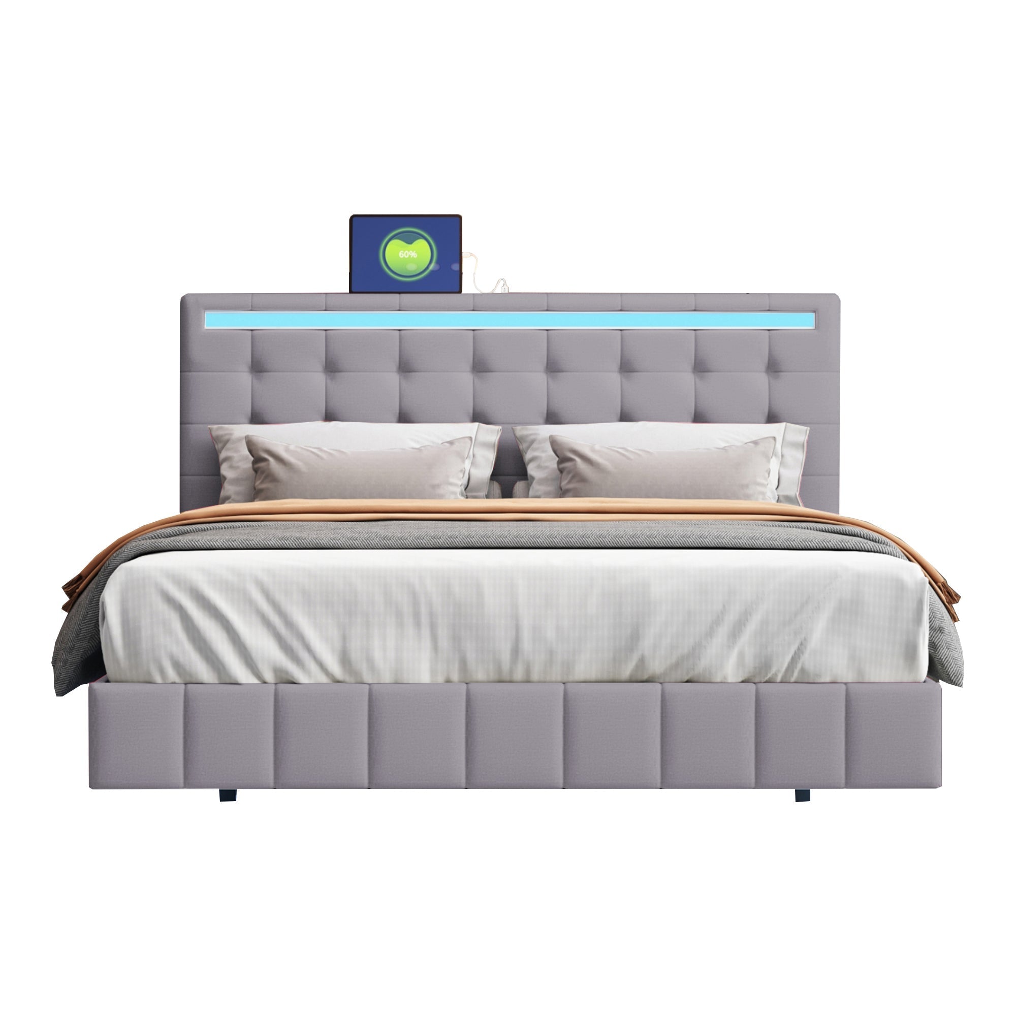 Upholstered Bed 140x200cm, Floating Frame with LED Lights & Headboard, Linen Grey
