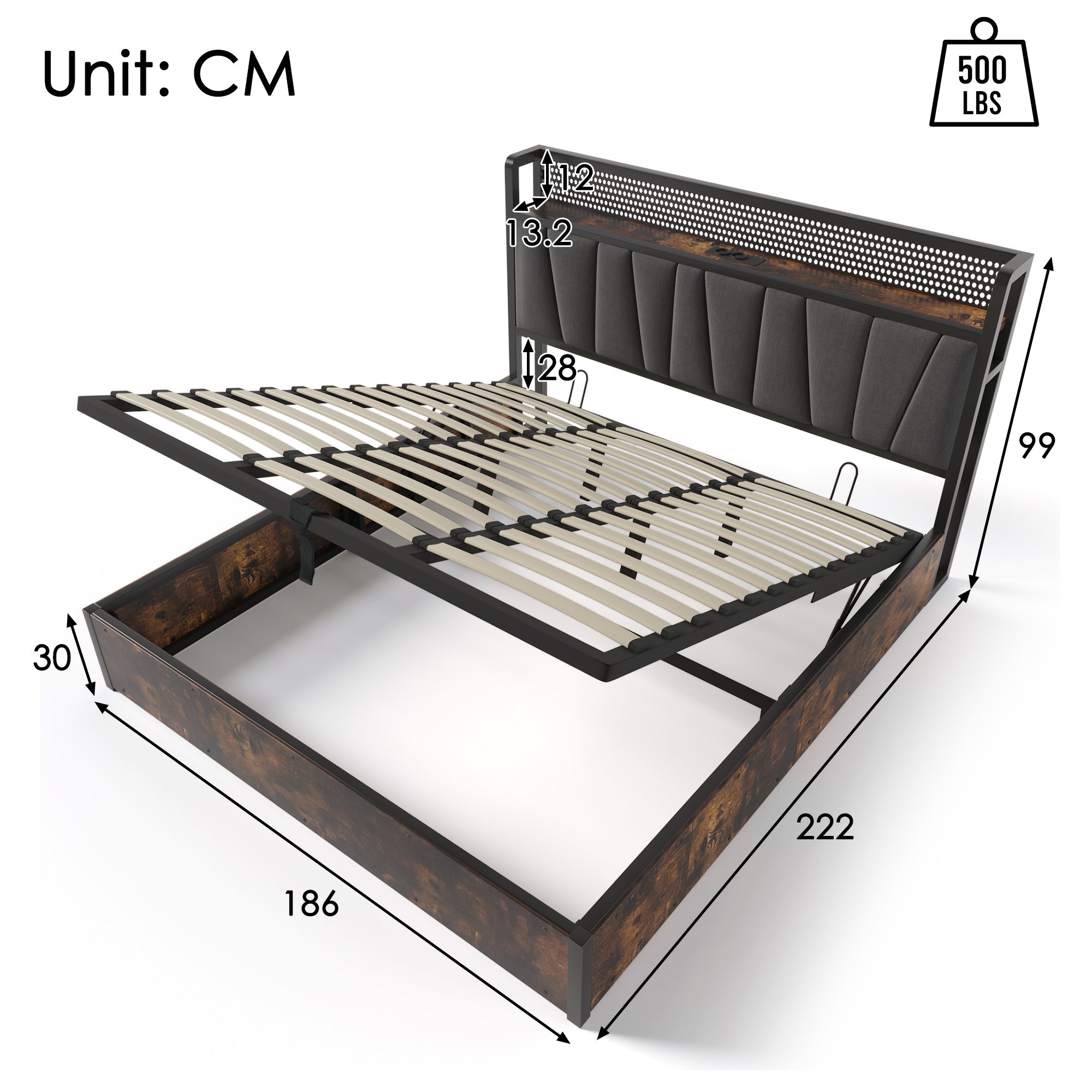 Upholstered Metal Bed with LED App Control, USB Charging and Headboard, 180x200cm, Grey