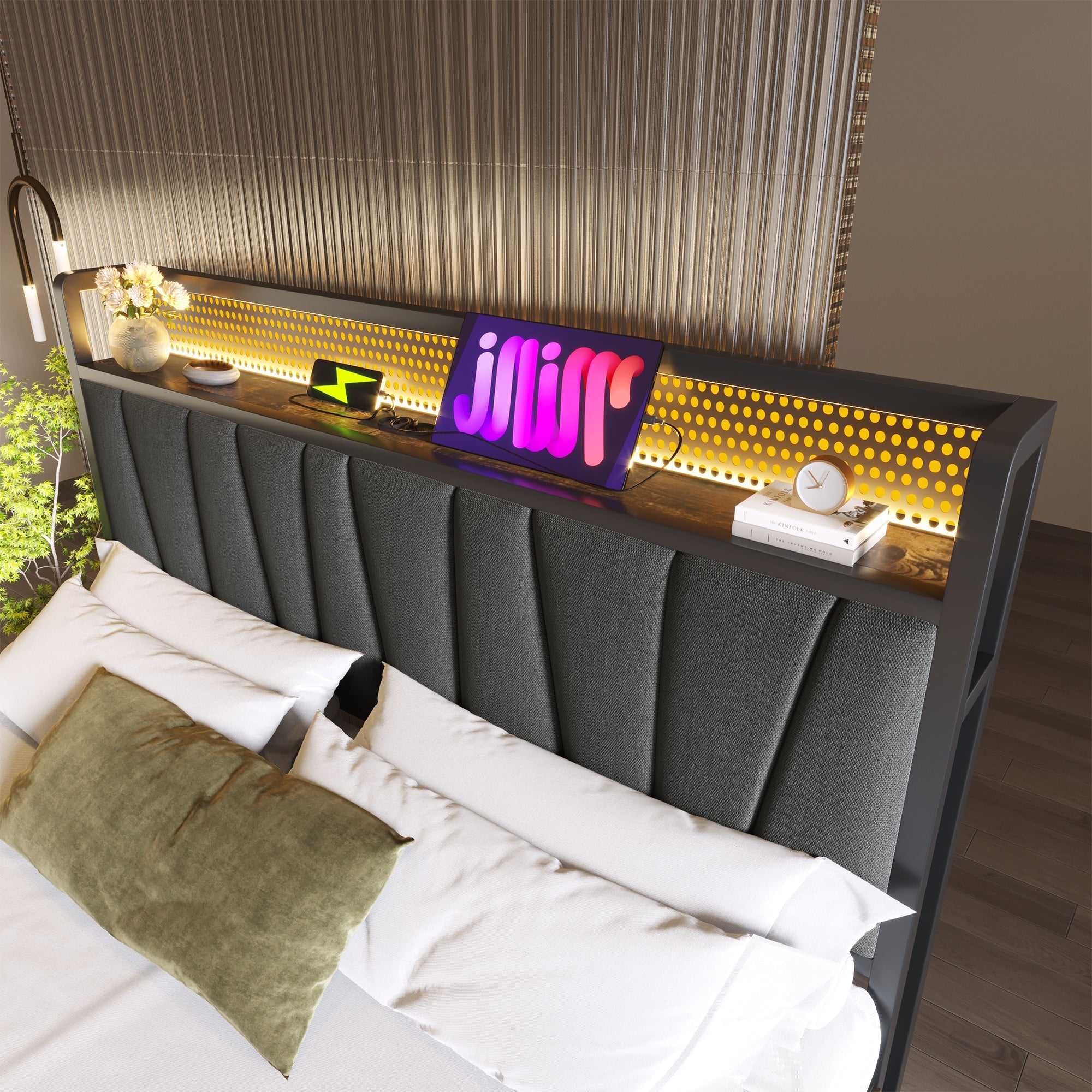 Upholstered Metal Bed with LED App Control, USB Charging and Headboard, 180x200cm, Grey