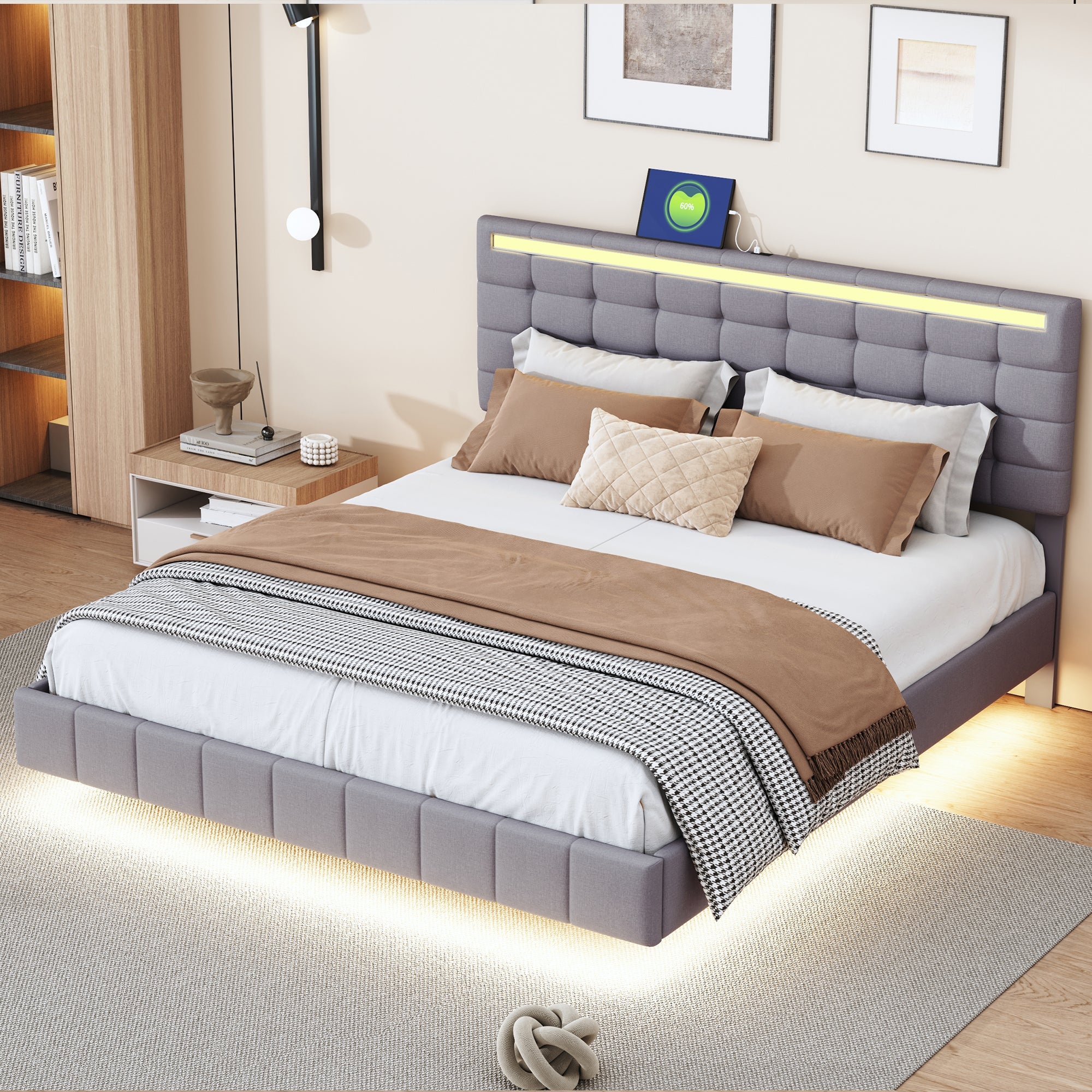 Upholstered Bed, 160x200cm Floating Frame with LED & Headboard, Linen Grey